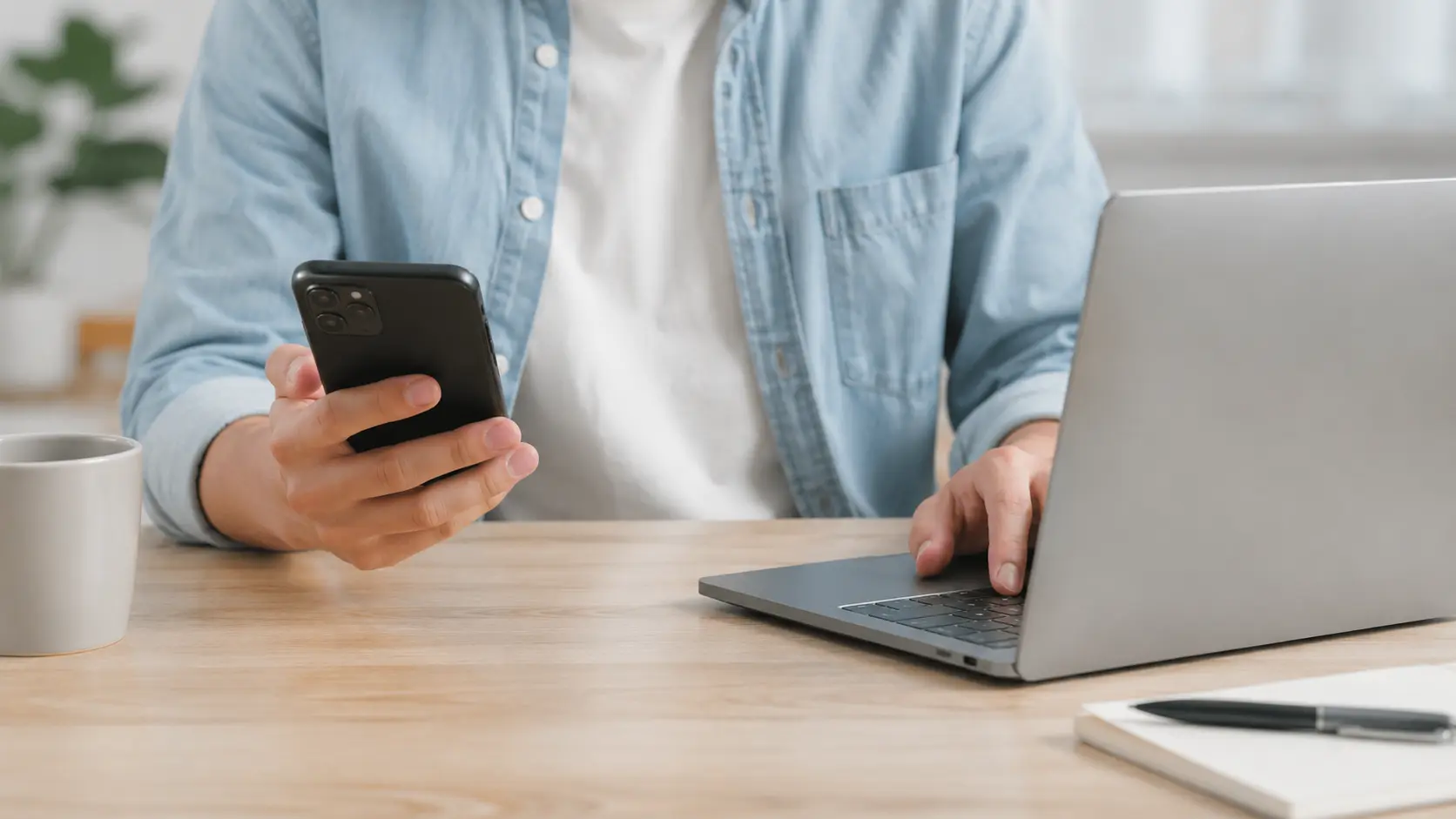 Two phones on a café table — one showing an installed app, one a web app in a browser