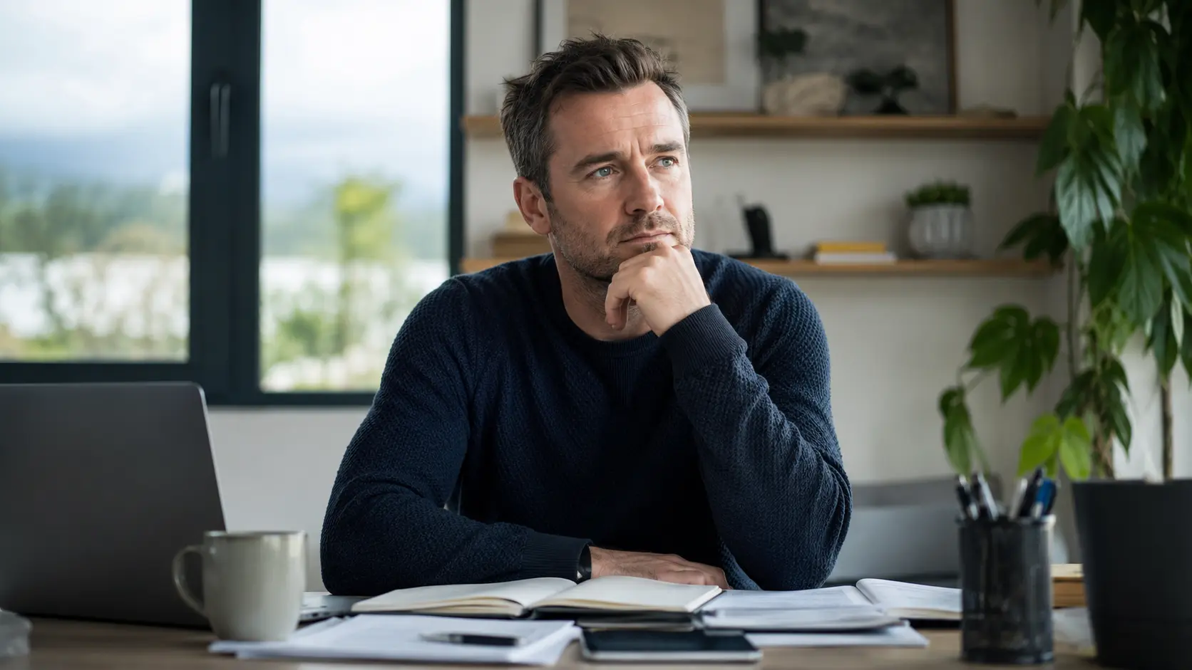 Two people meeting over coffee at a wooden table — the kind of honest consultation that leads to a good decision
