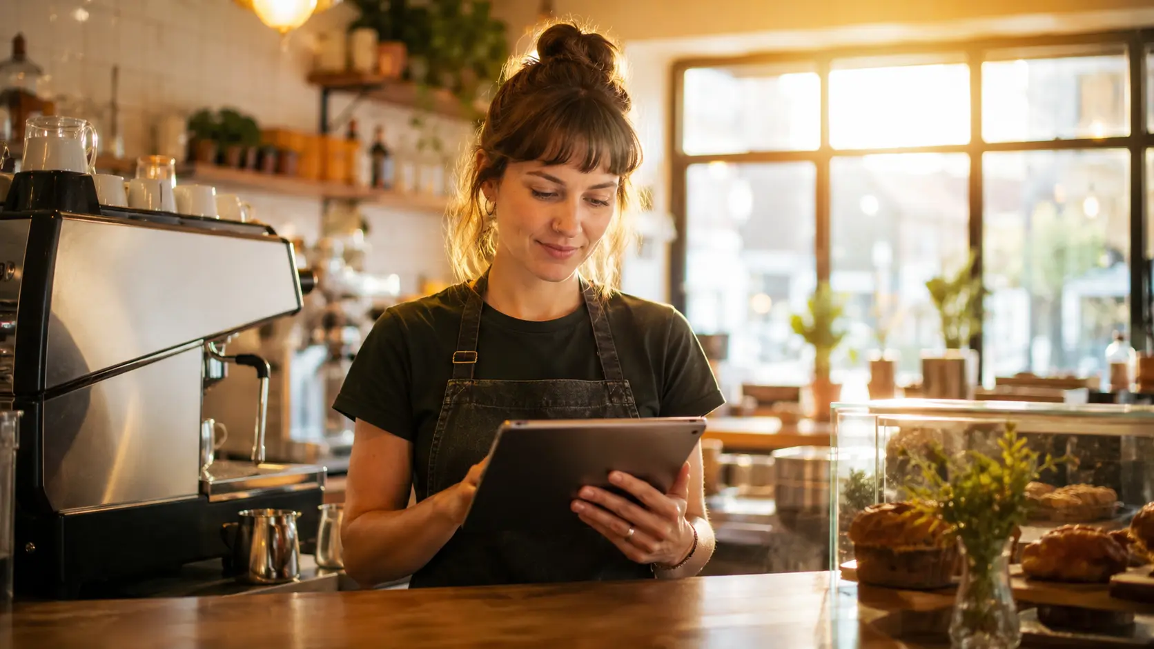An Irish café owner updating their own website on a tablet behind the counter