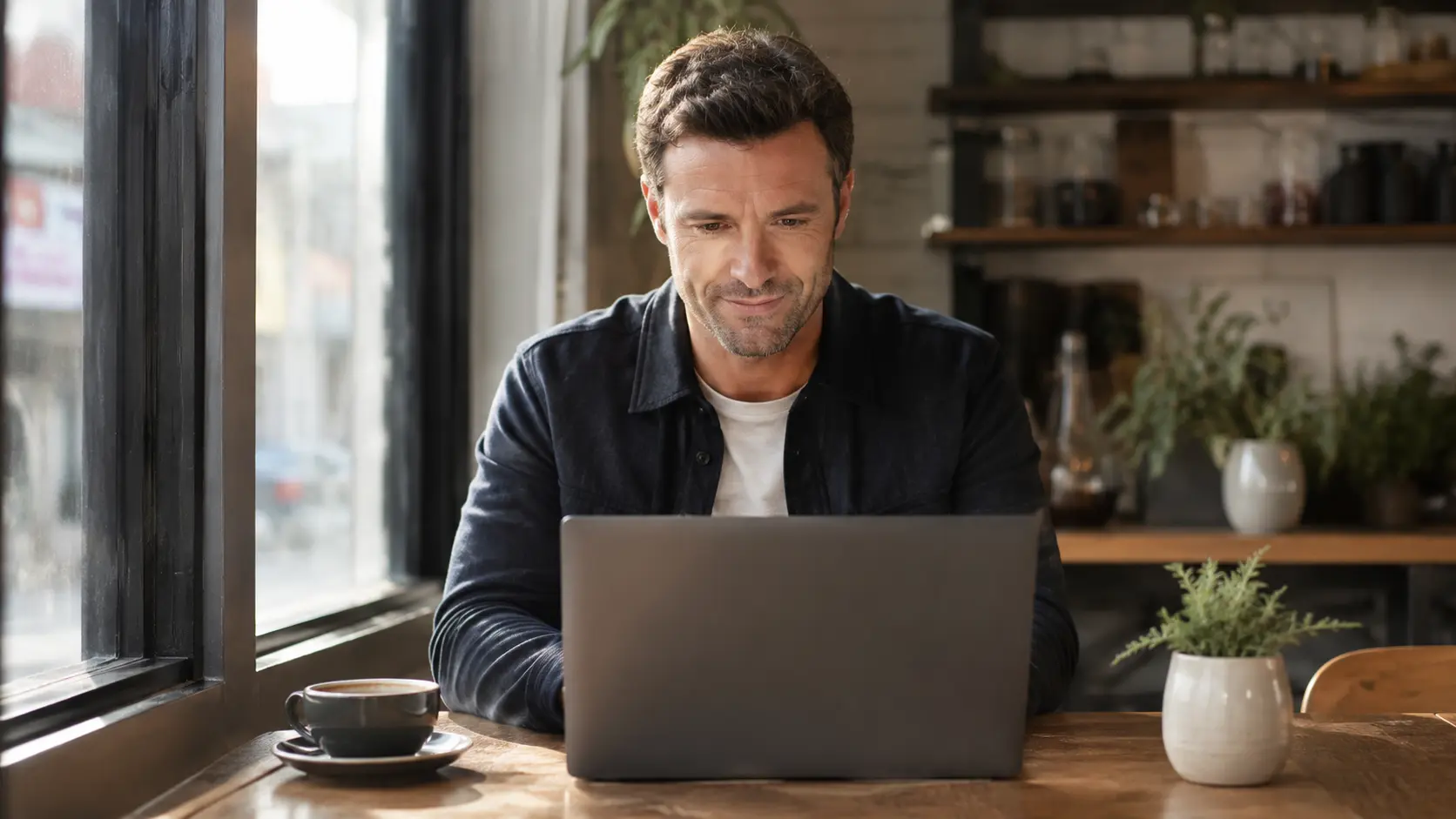 Web designer working at a desk with a professional website on screen