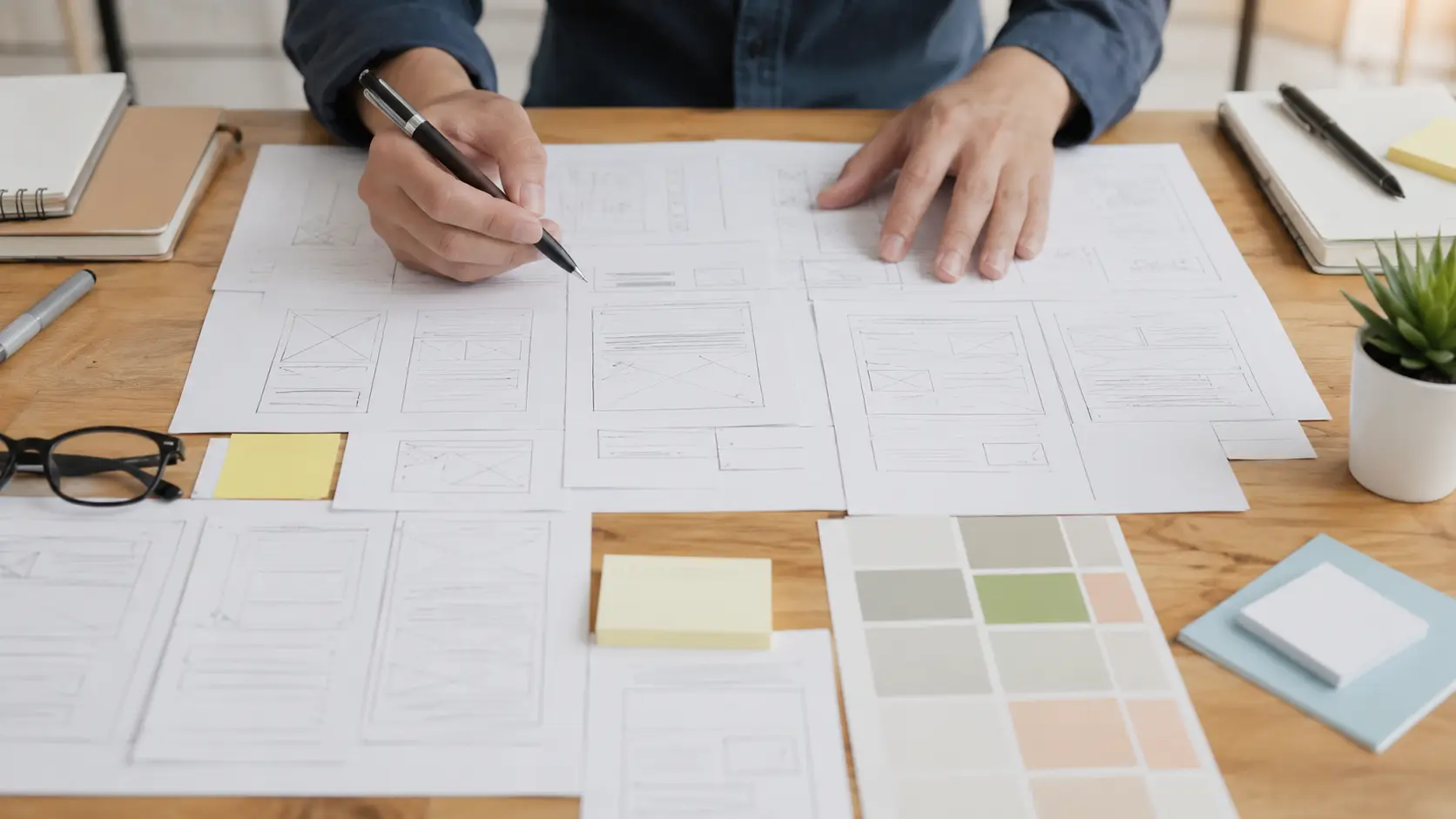 Hands writing in a notebook on a wooden desk — the craft of copy that converts