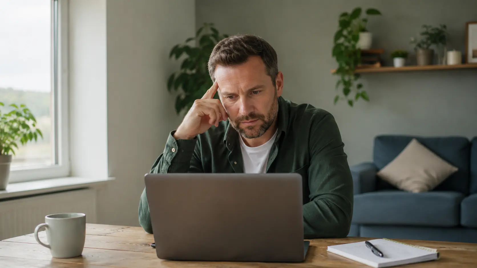 An Irish business owner reviewing Google search results on a laptop, head in hand — the frustration of an invisible website