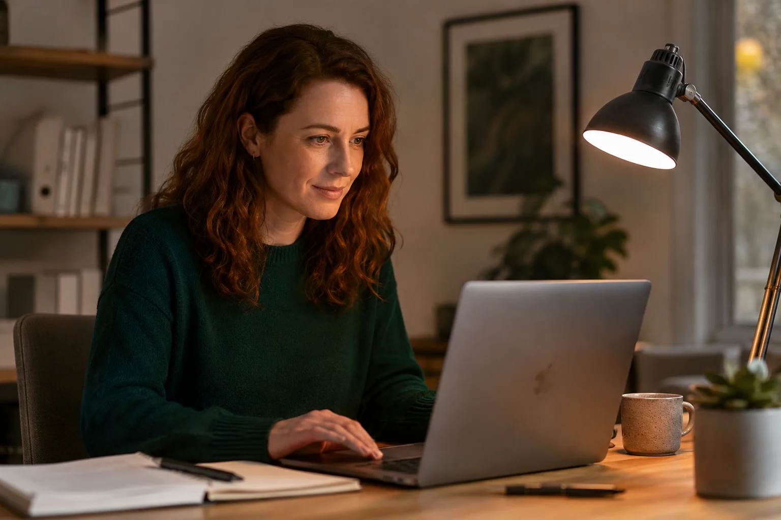 A business owner reviewing her website conversion rate on a laptop