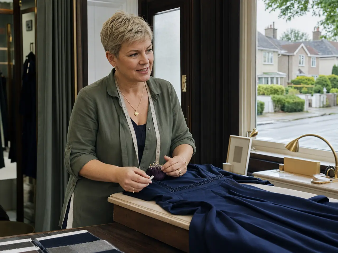 A boutique owner rearranging a window display in a town-centre shop