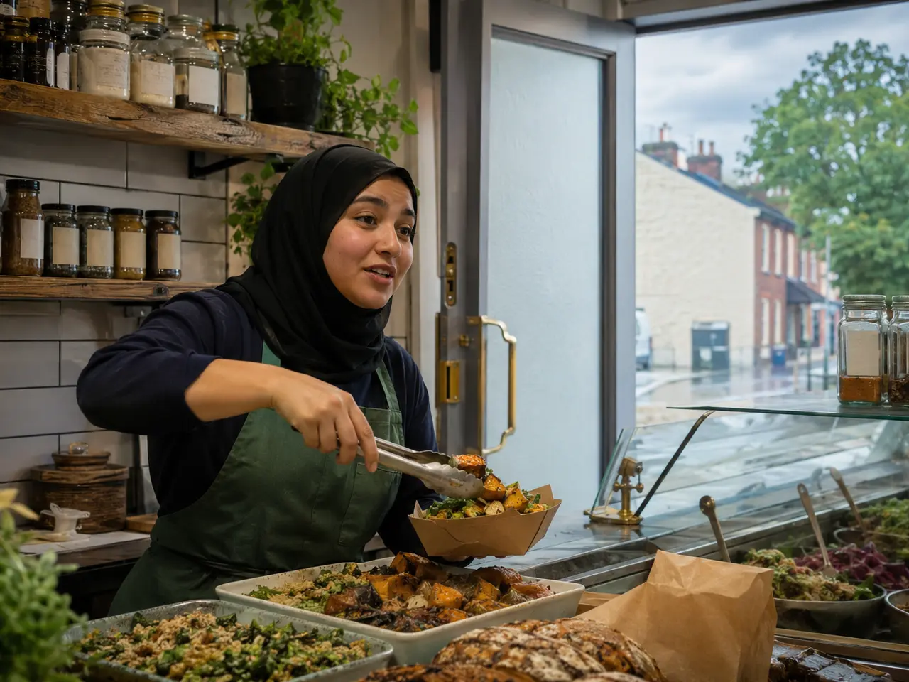 A deli owner behind the counter of a small village shop
