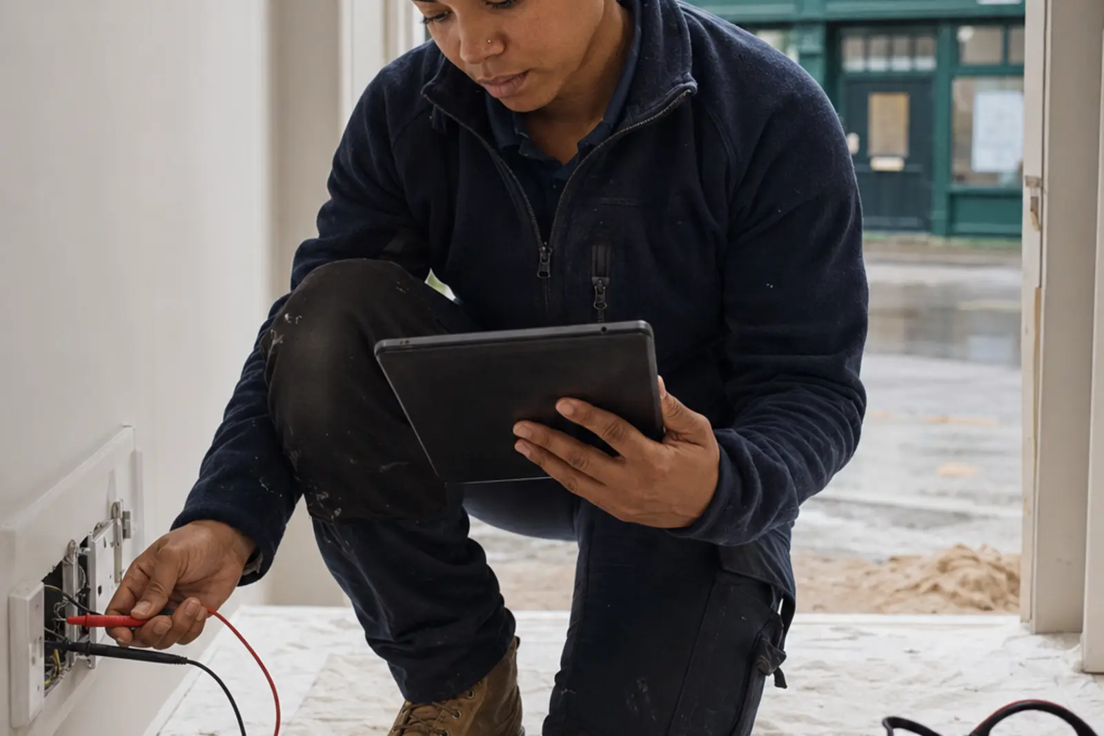 An electrician working at a consumer unit in a hallway
