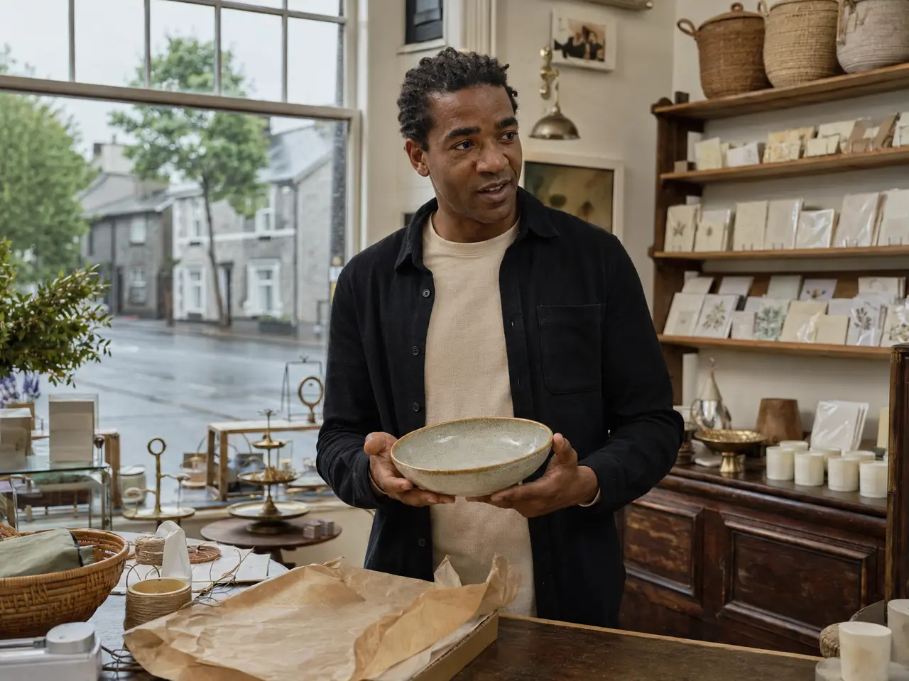 A shop owner arranging stock on shelves in a small gift shop