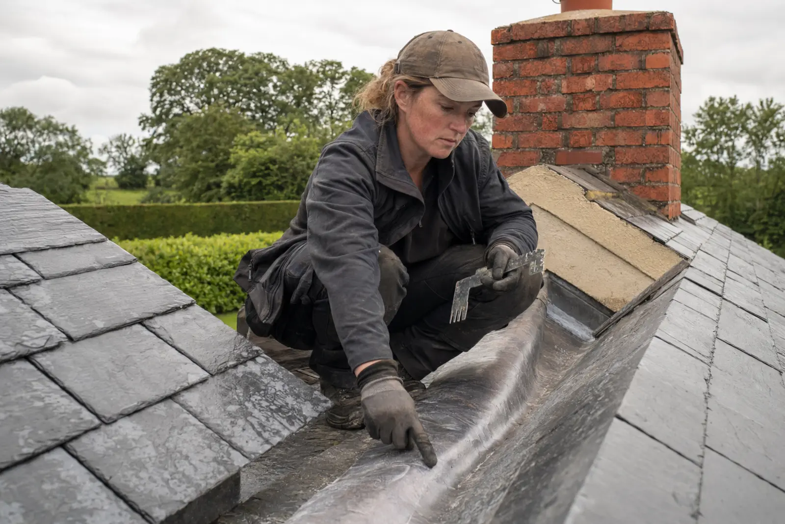 A roofer working on a pitched roof against a grey sky