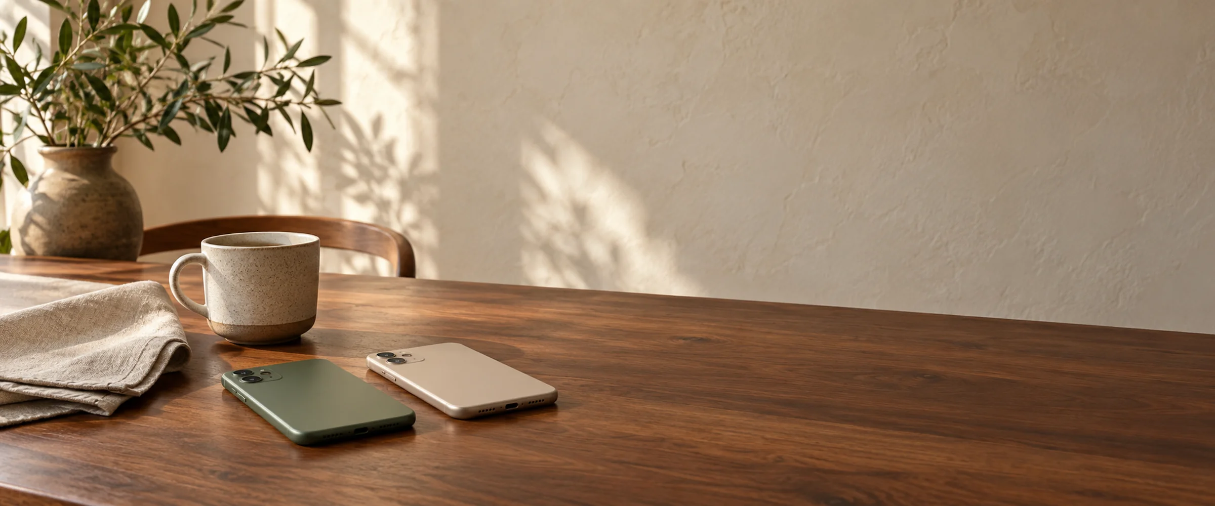 Two mobile phones lying face down beside a speckled coffee mug on a walnut table in warm morning light