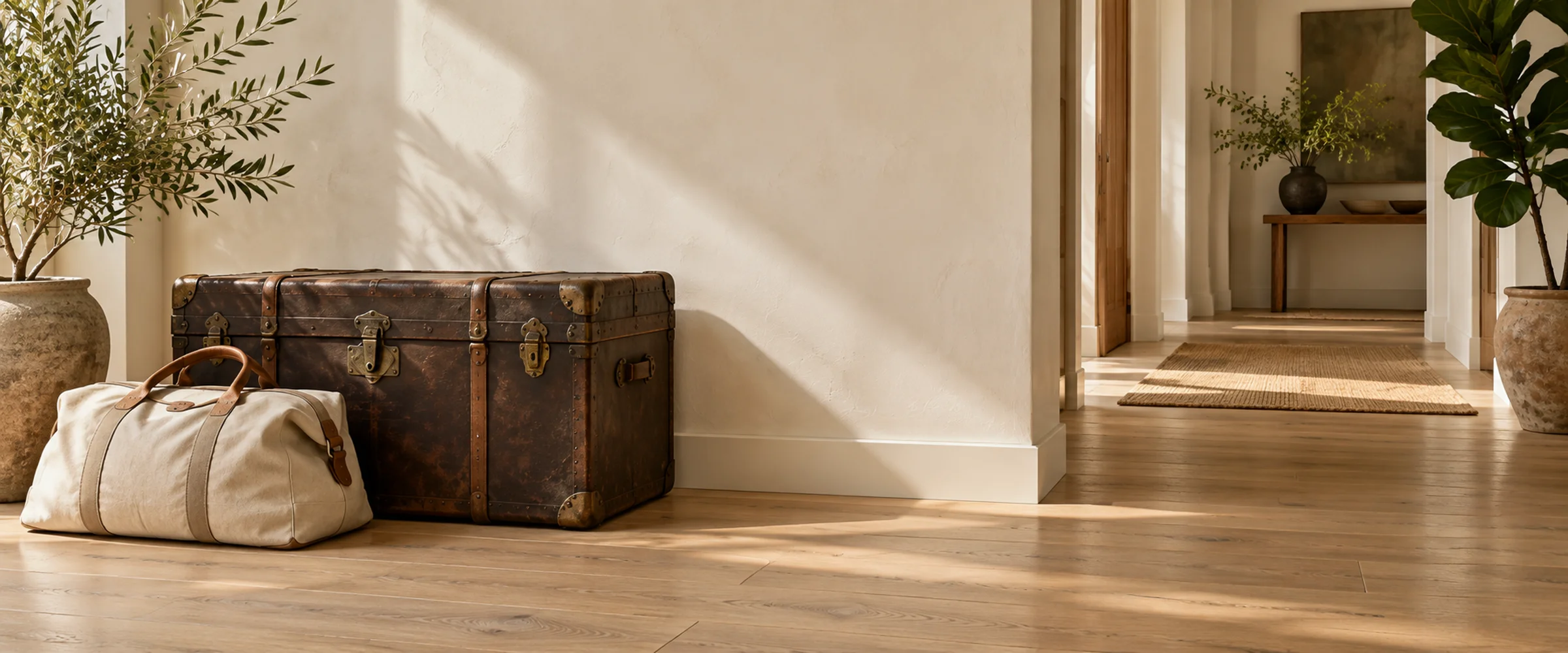 A battered leather travel trunk and a canvas holdall resting against a plaster wall in a sunlit hallway