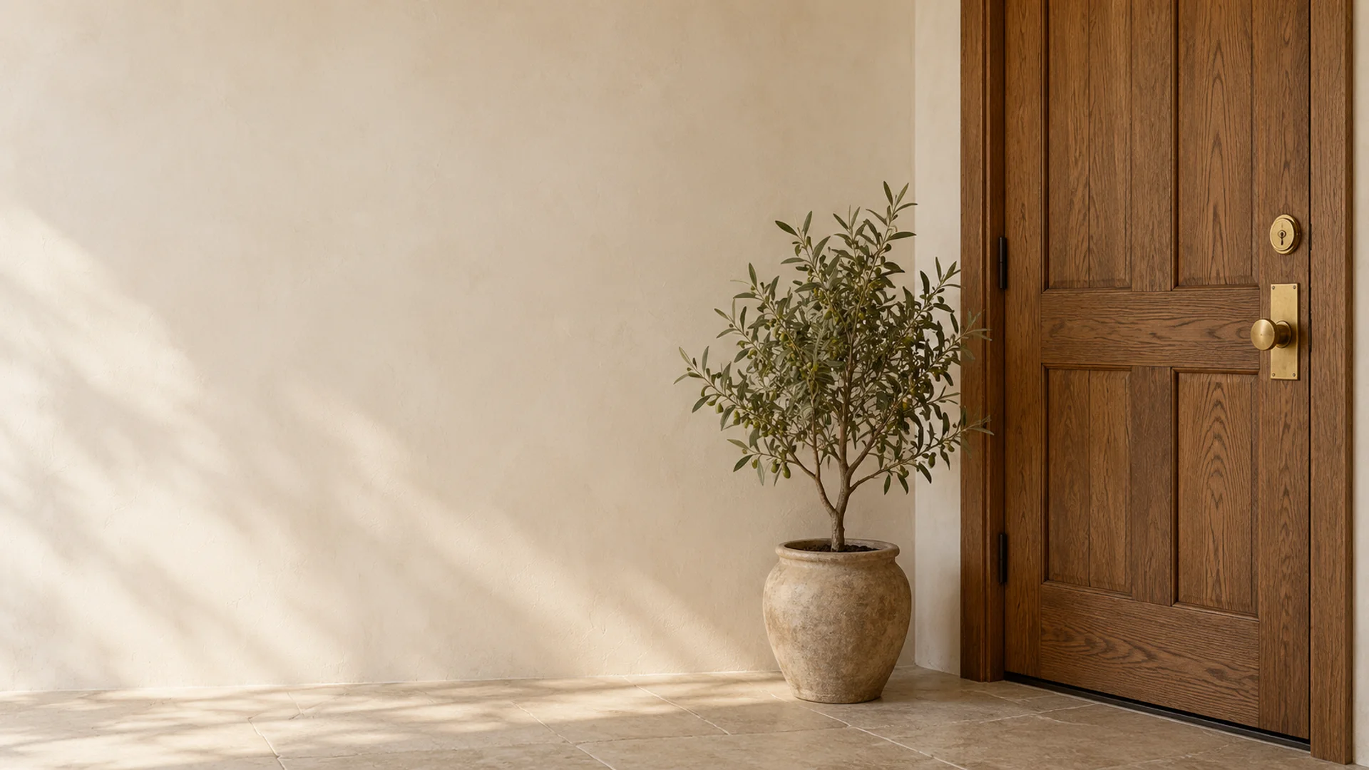 A heavy oak front door, shut, with a polished brass deadlock and a small olive tree beside it