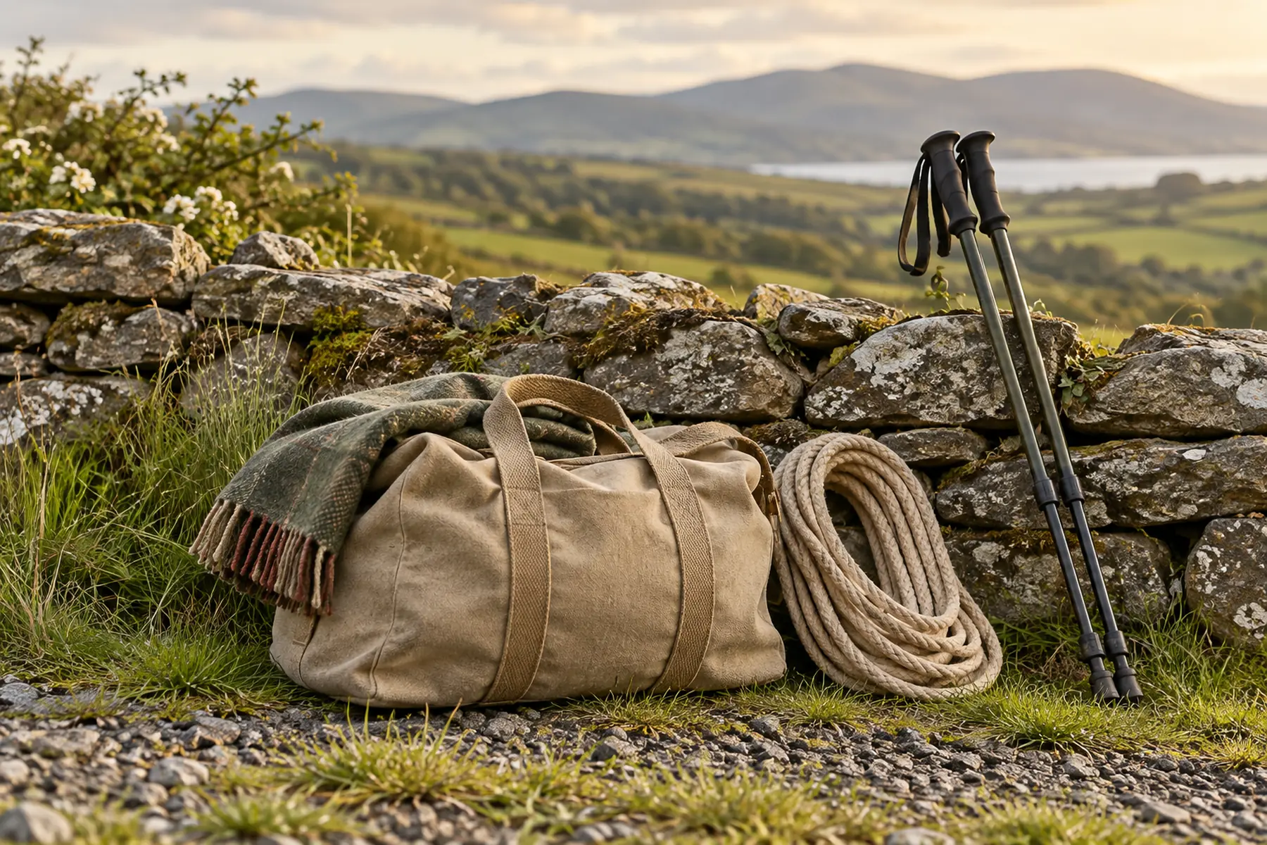 A kit bag, a coiled rope and hiking poles against a dry-stone wall, hills beyond