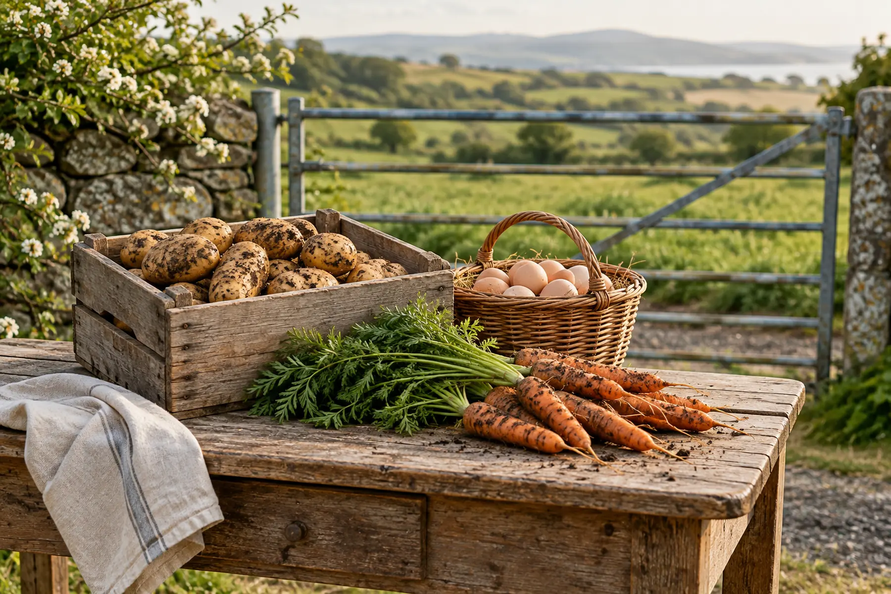 A crate of potatoes, a basket of eggs and carrots by a galvanised farm gate, fields beyond