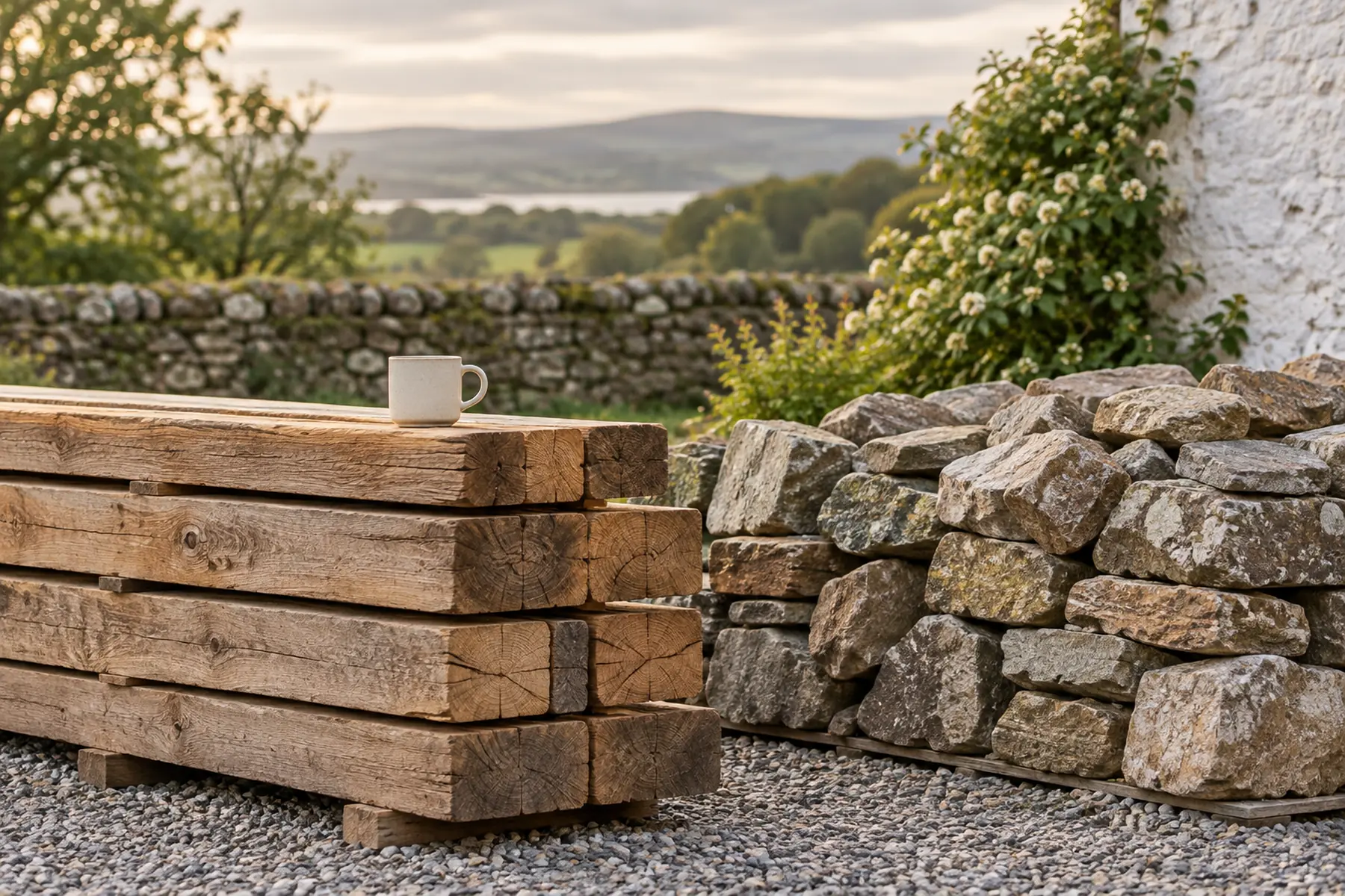 Stacked timber and a neat pile of reclaimed stone in a swept farmyard