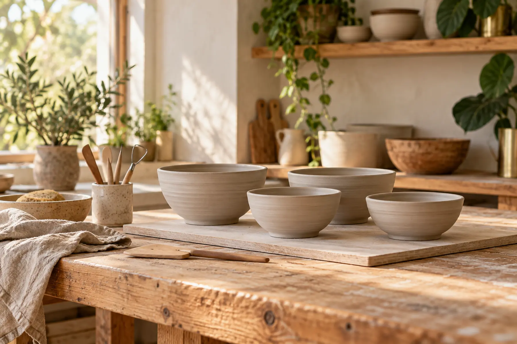 A potter's bench with thrown bowls drying on a board and a few wooden tools