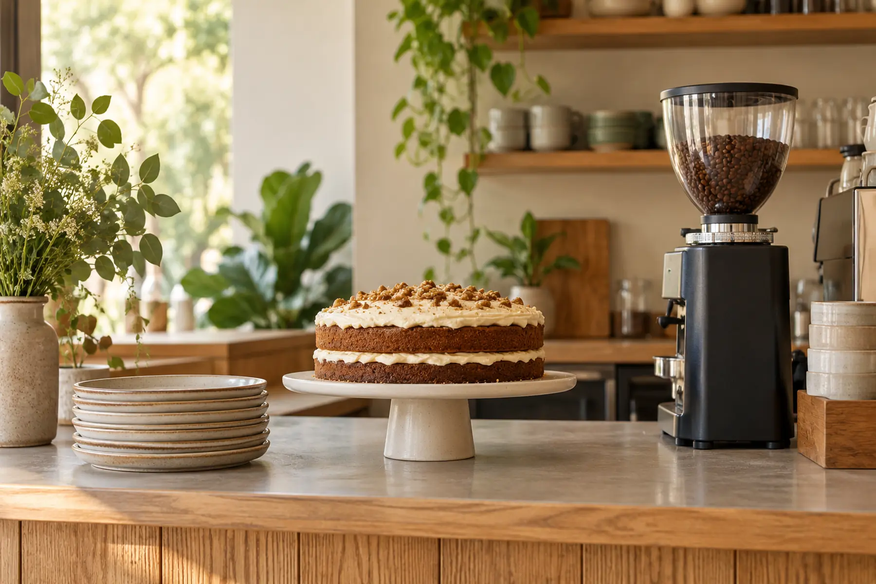 A café counter with a cake stand, a stack of stoneware plates and a coffee grinder