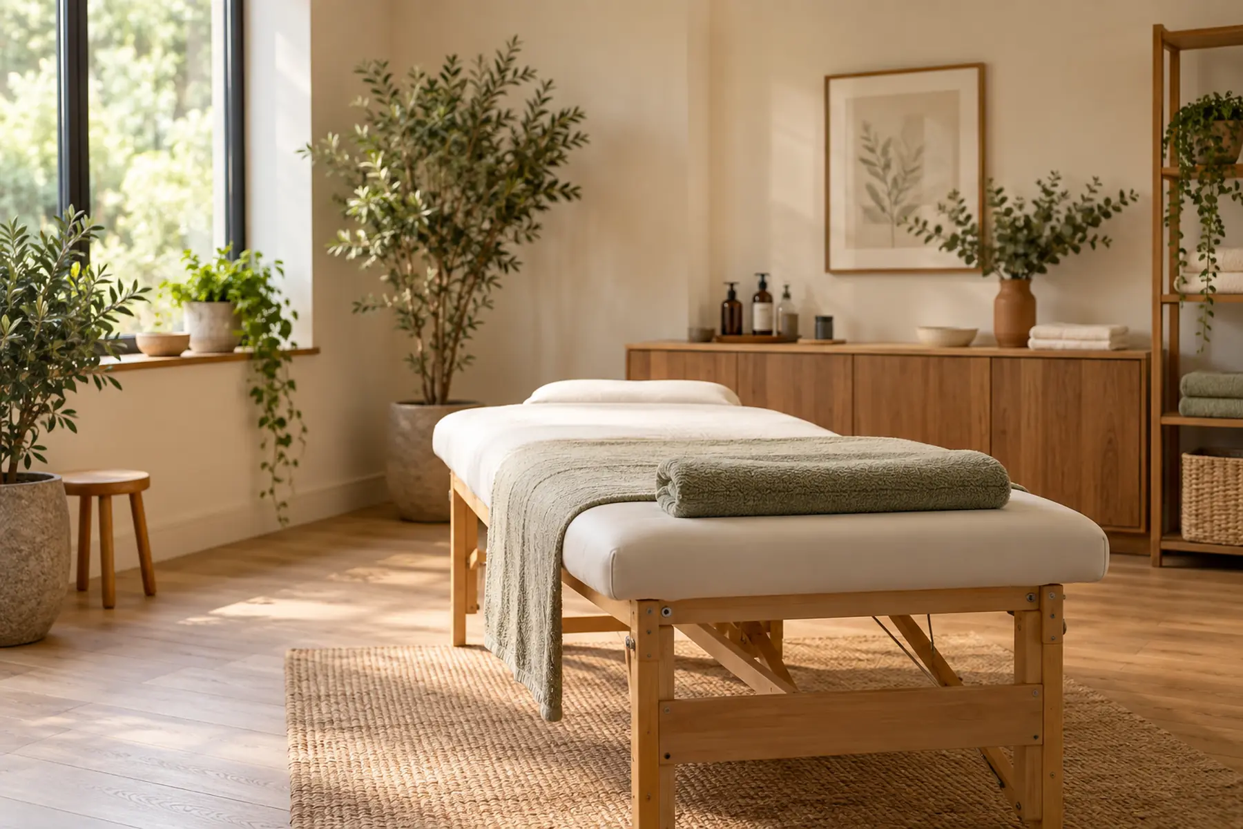 A calm clinic room with a treatment couch made up with a folded towel