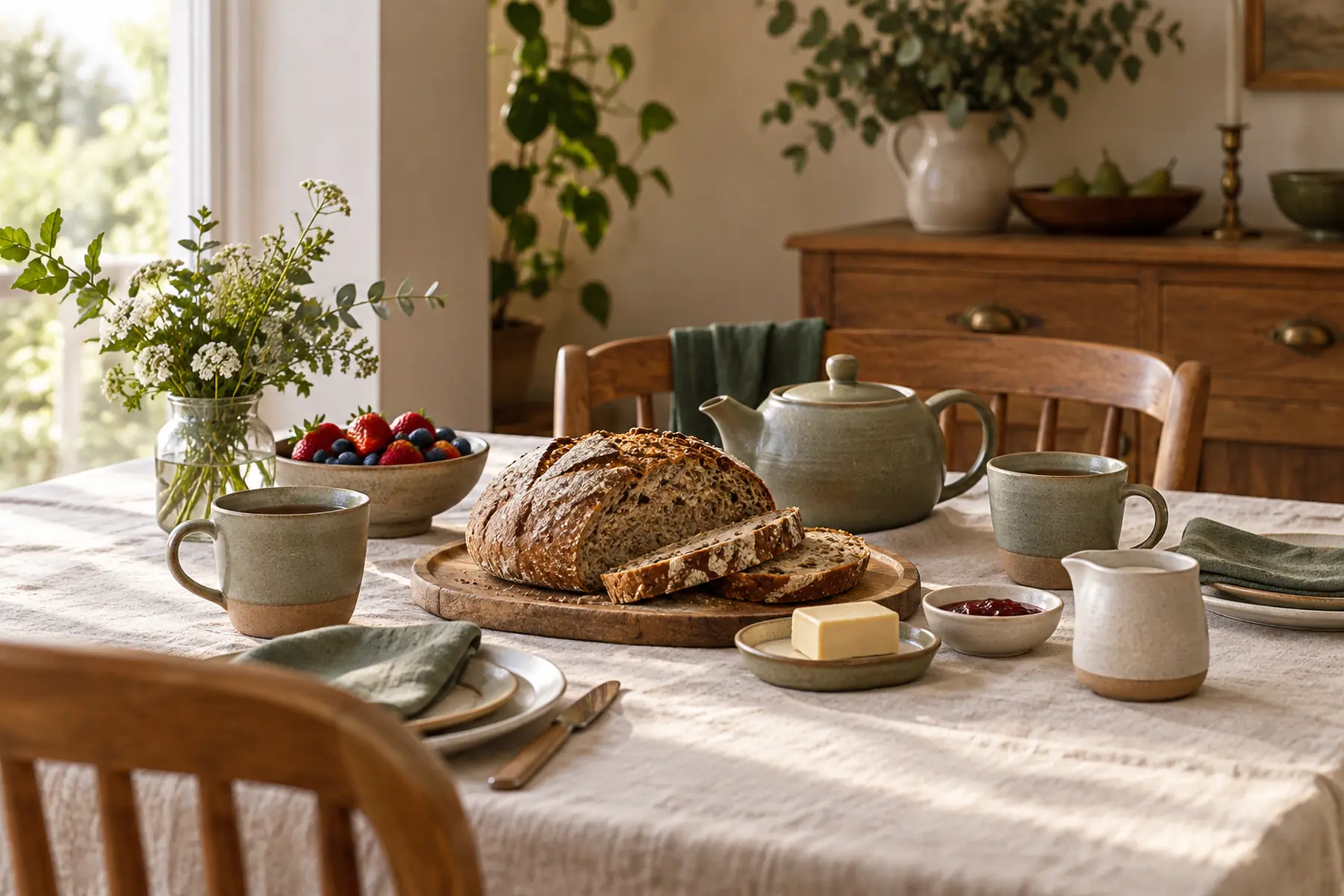 A breakfast table laid with a linen cloth, stoneware cups, a pot of tea and brown bread