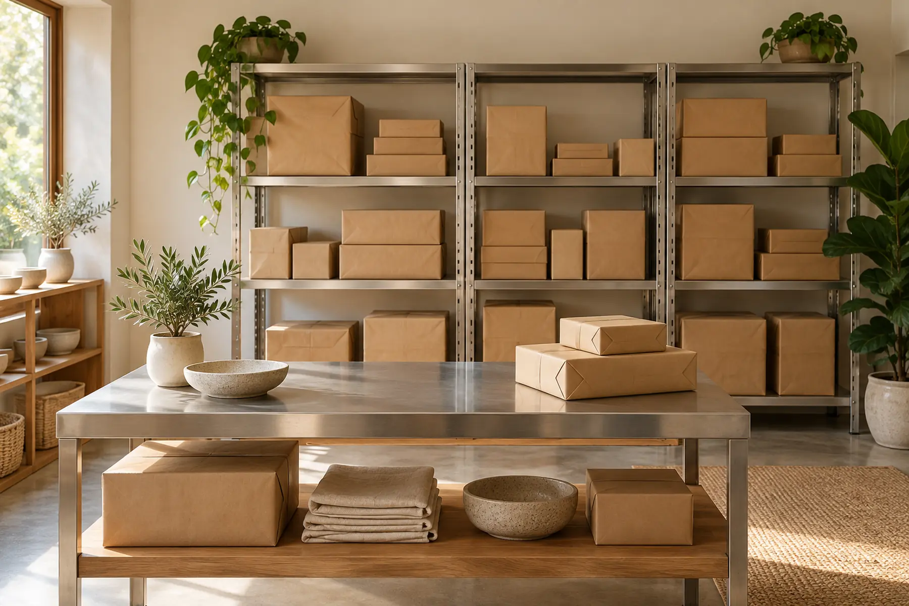 A stockroom with kraft parcels stacked neatly on steel shelving