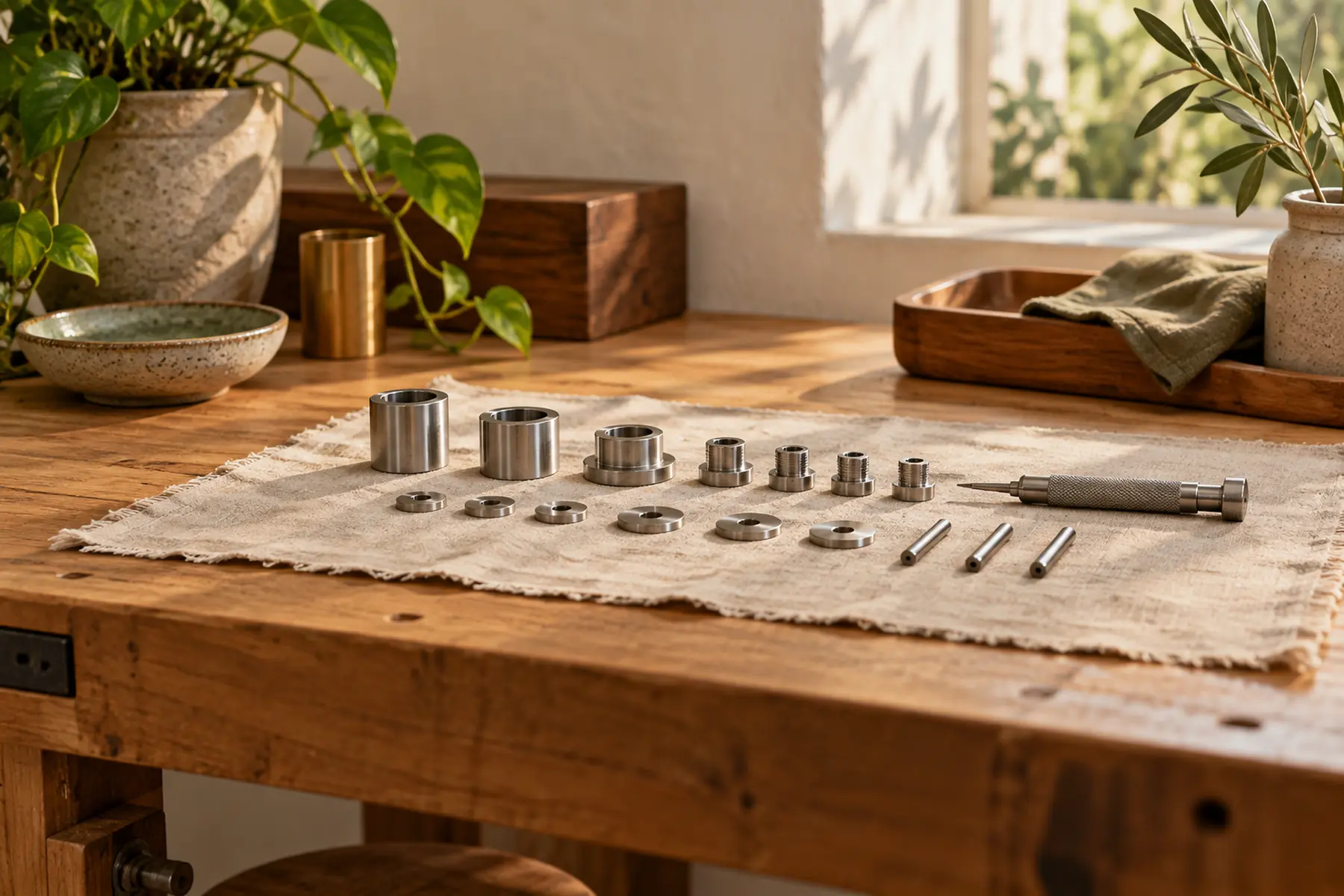 A clean workshop bench with a small precision tool and metal parts laid out on a cloth
