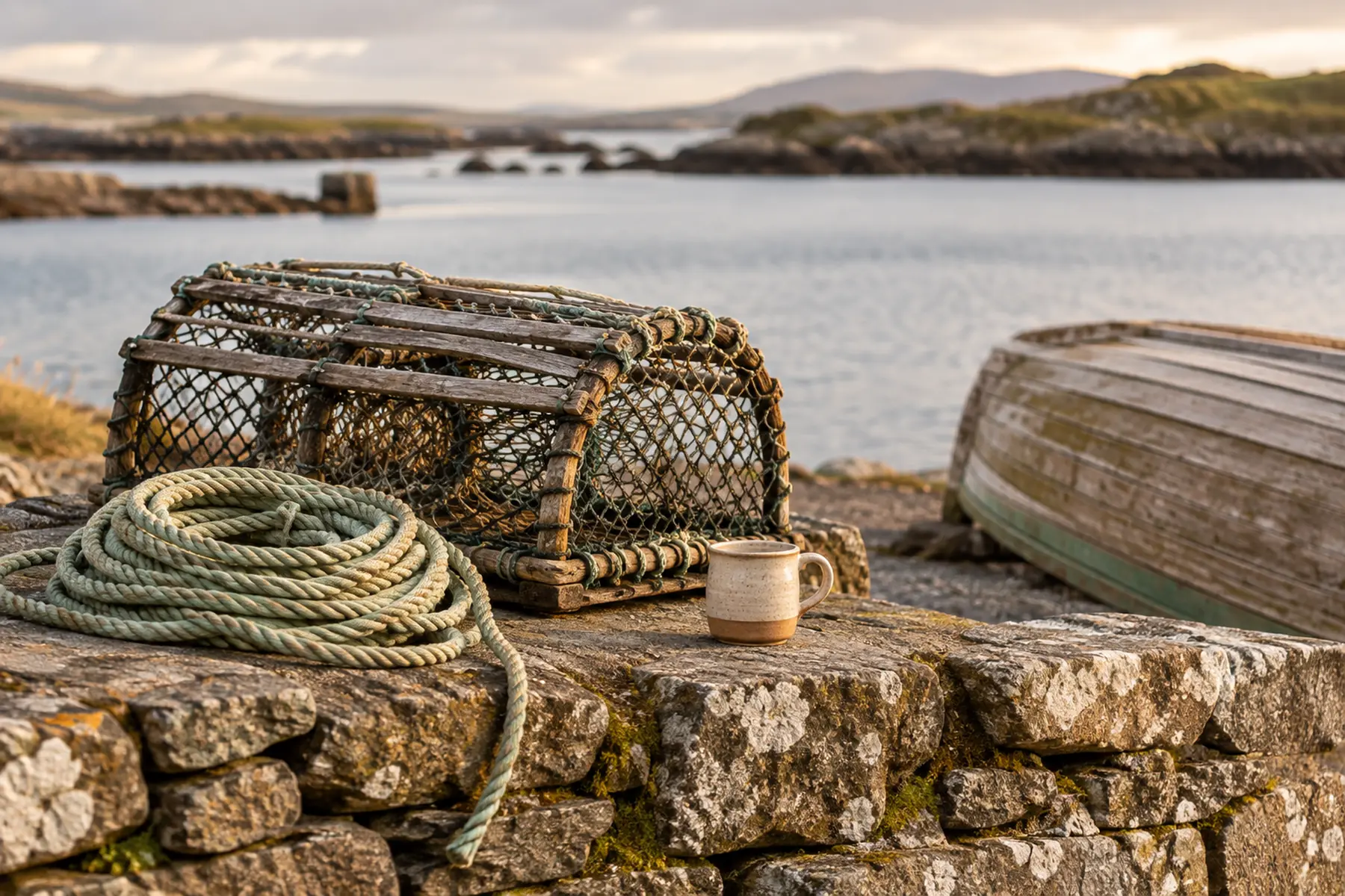 A coil of rope and a wooden lobster pot on a stone harbour wall, soft grey water beyond