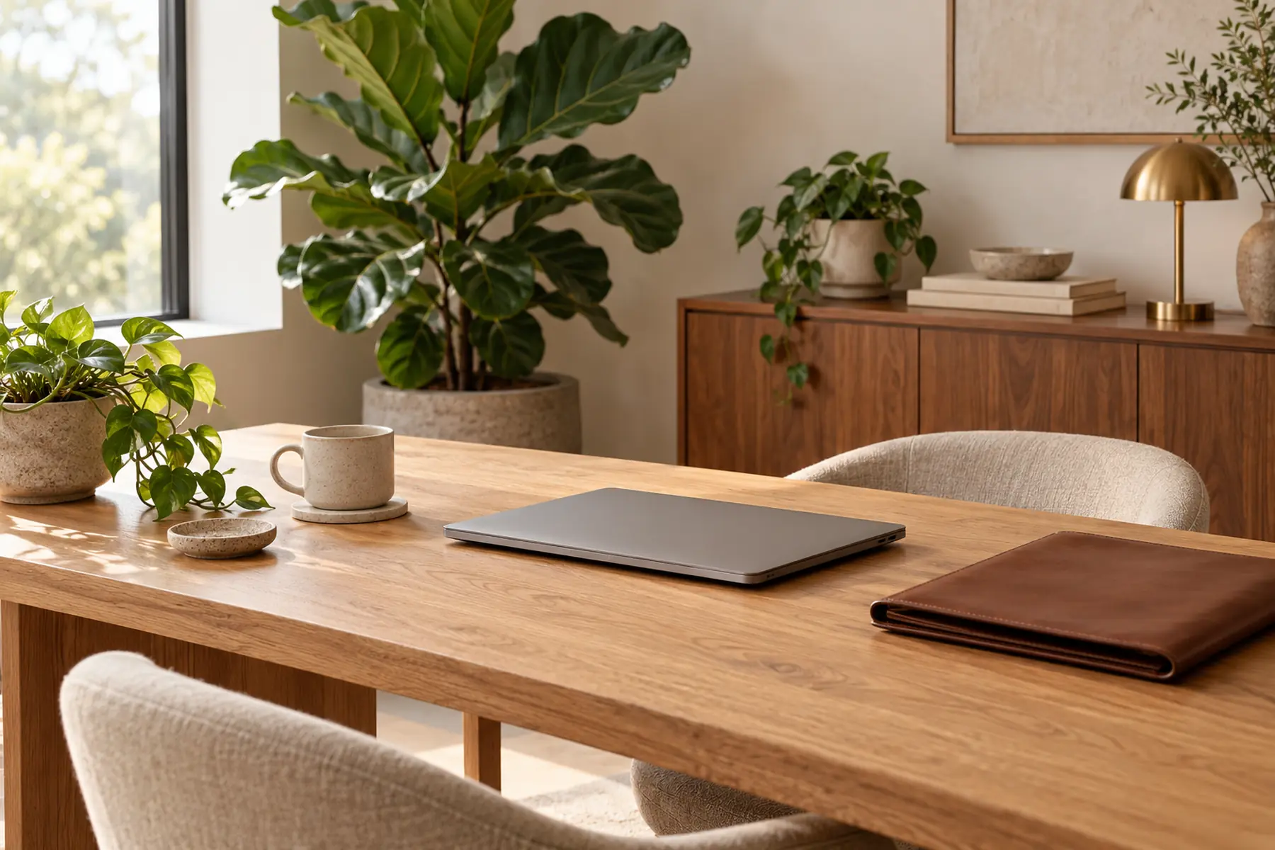 A calm office corner with an oak desk, a closed laptop, a leather folder and a fiddle-leaf fig