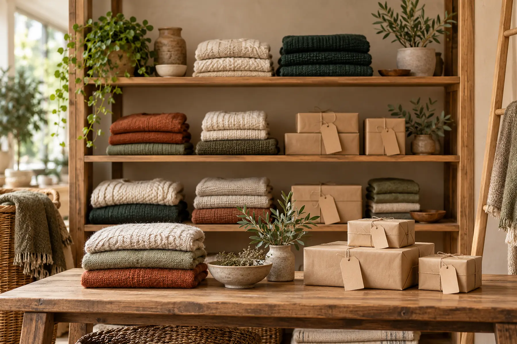 A small shop shelf of folded knitwear and parcels wrapped in kraft paper