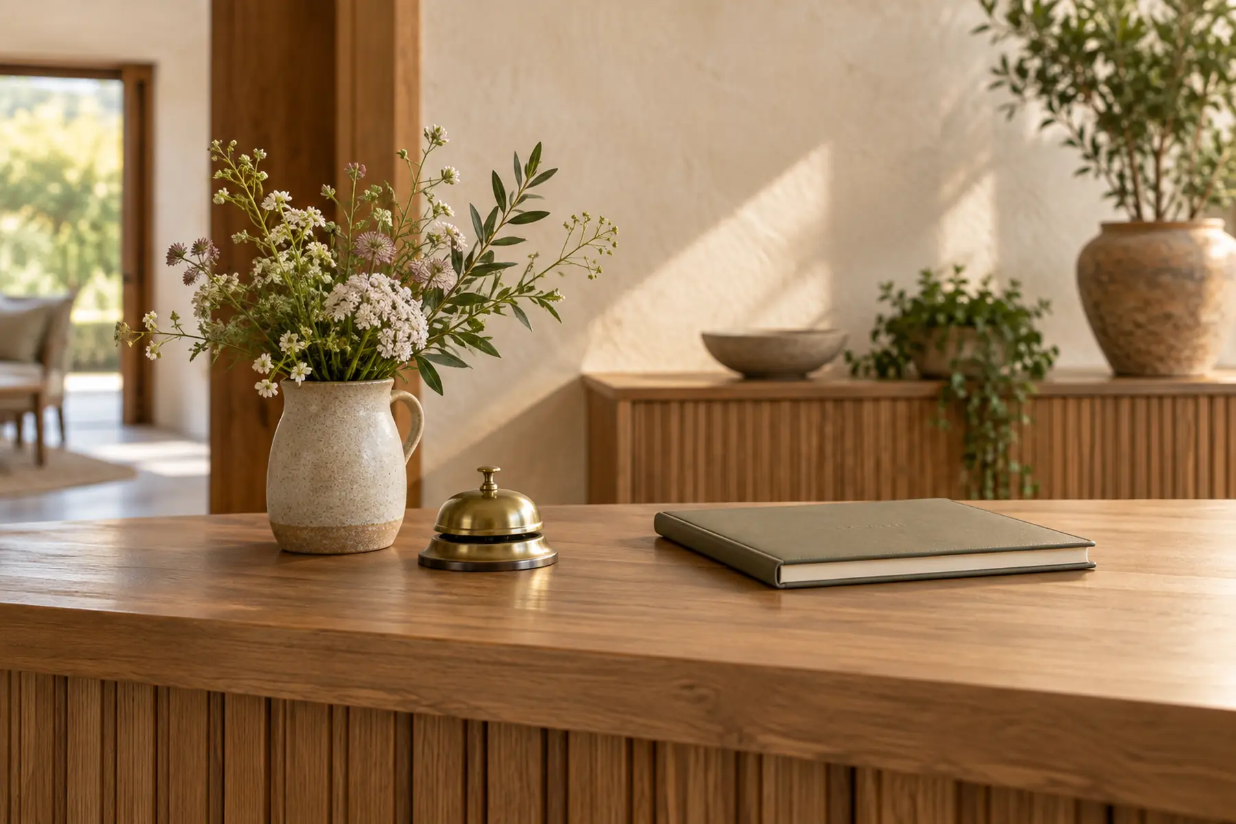 A reception desk with a brass bell, a jug of flowers and a closed appointment book