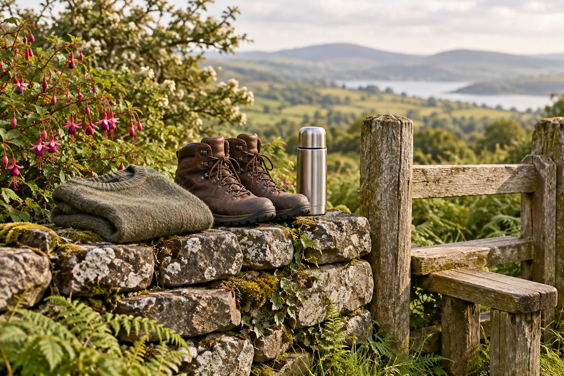 Walking boots and a folded wool jumper on a dry-stone wall by a stile, with green hills beyond