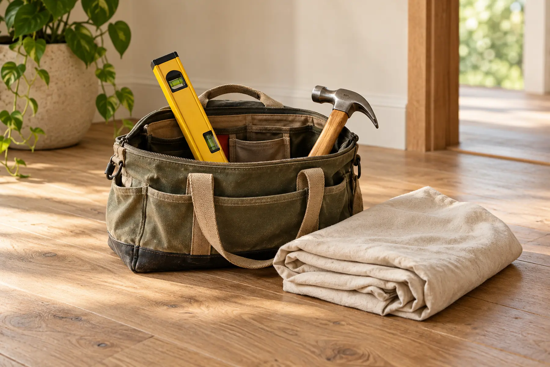 A canvas tool bag open on a timber floor with a spirit level, a hammer and a folded dust sheet