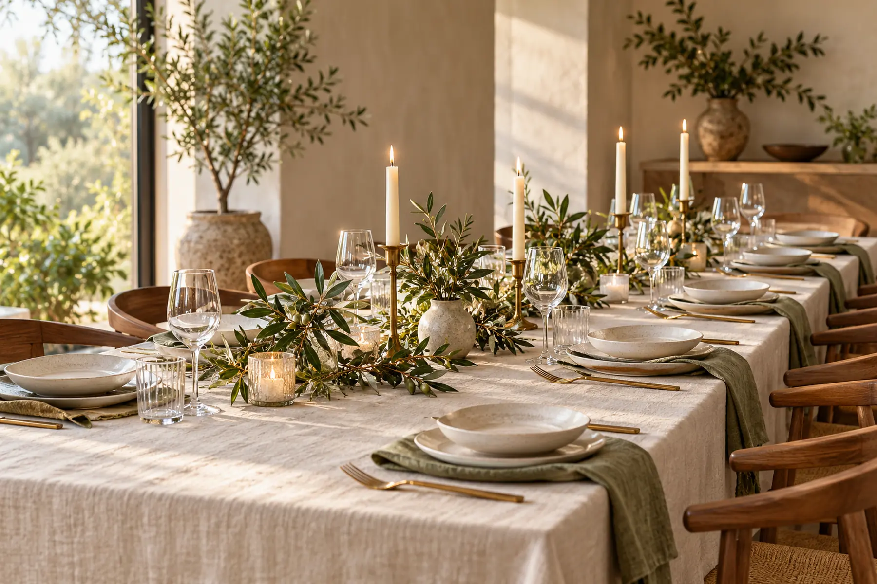 A long table set for a celebration with linen, candles in brass holders and sprigs of olive