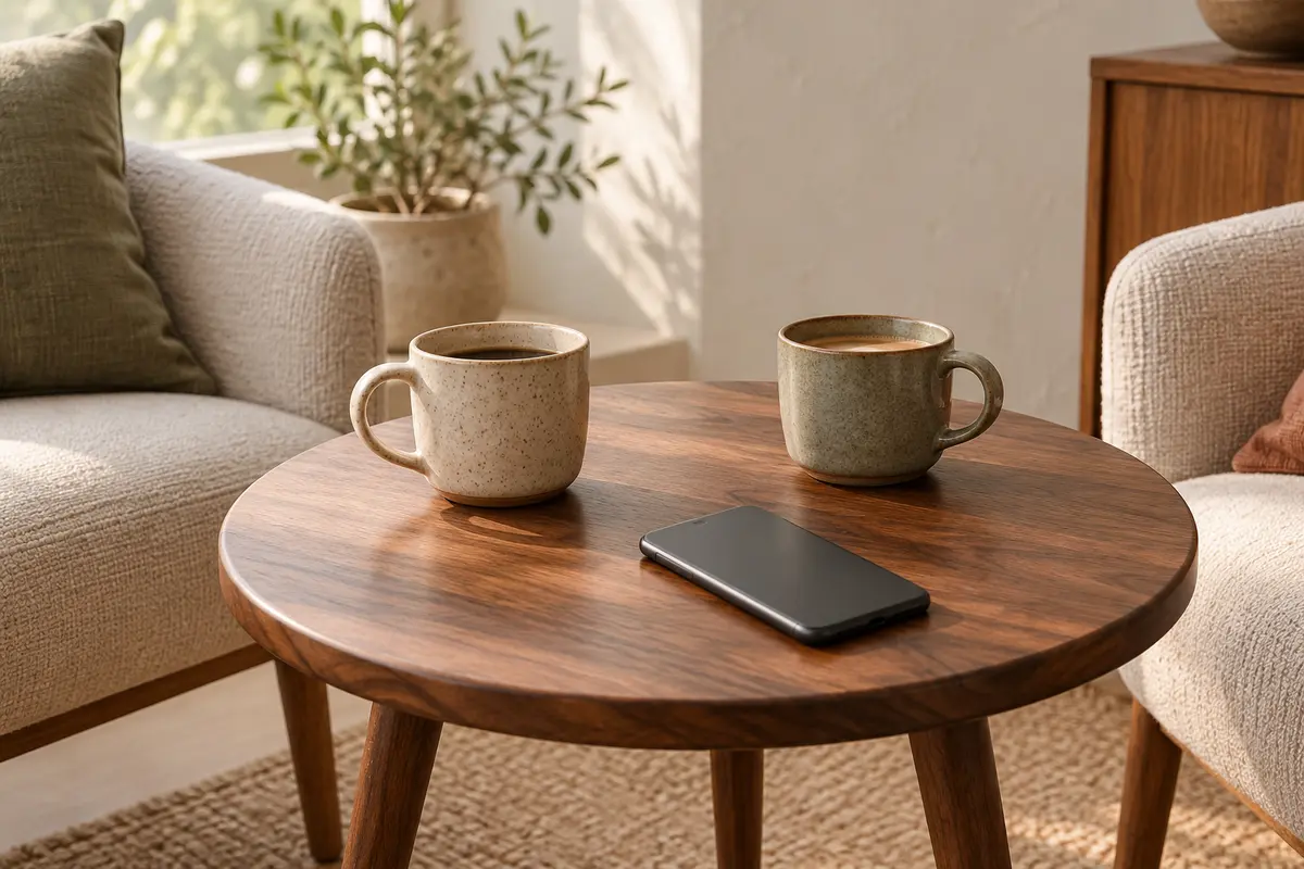 A phone face down on a walnut table beside two stoneware cups of coffee