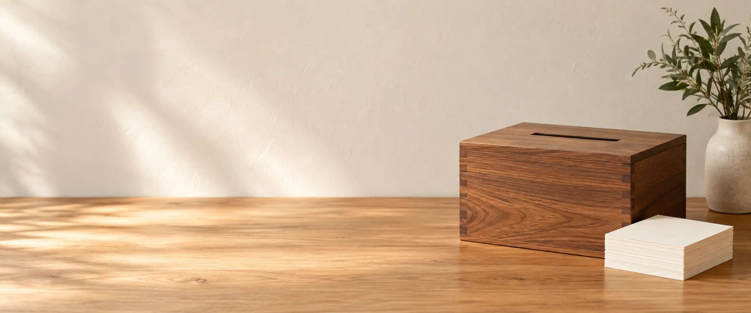 A walnut ballot box with a slot and a stack of blank cards on an oak floor