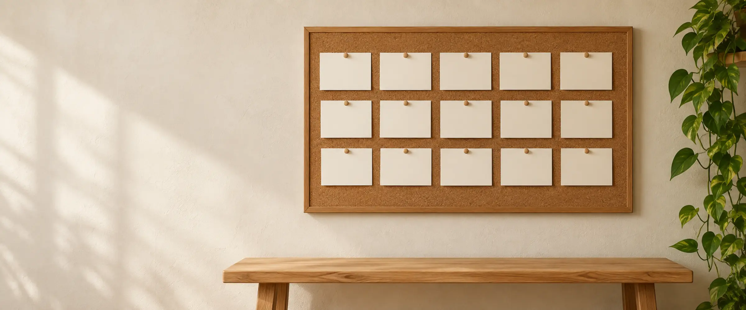 A corkboard of blank cards pinned in neat rows above a timber bench