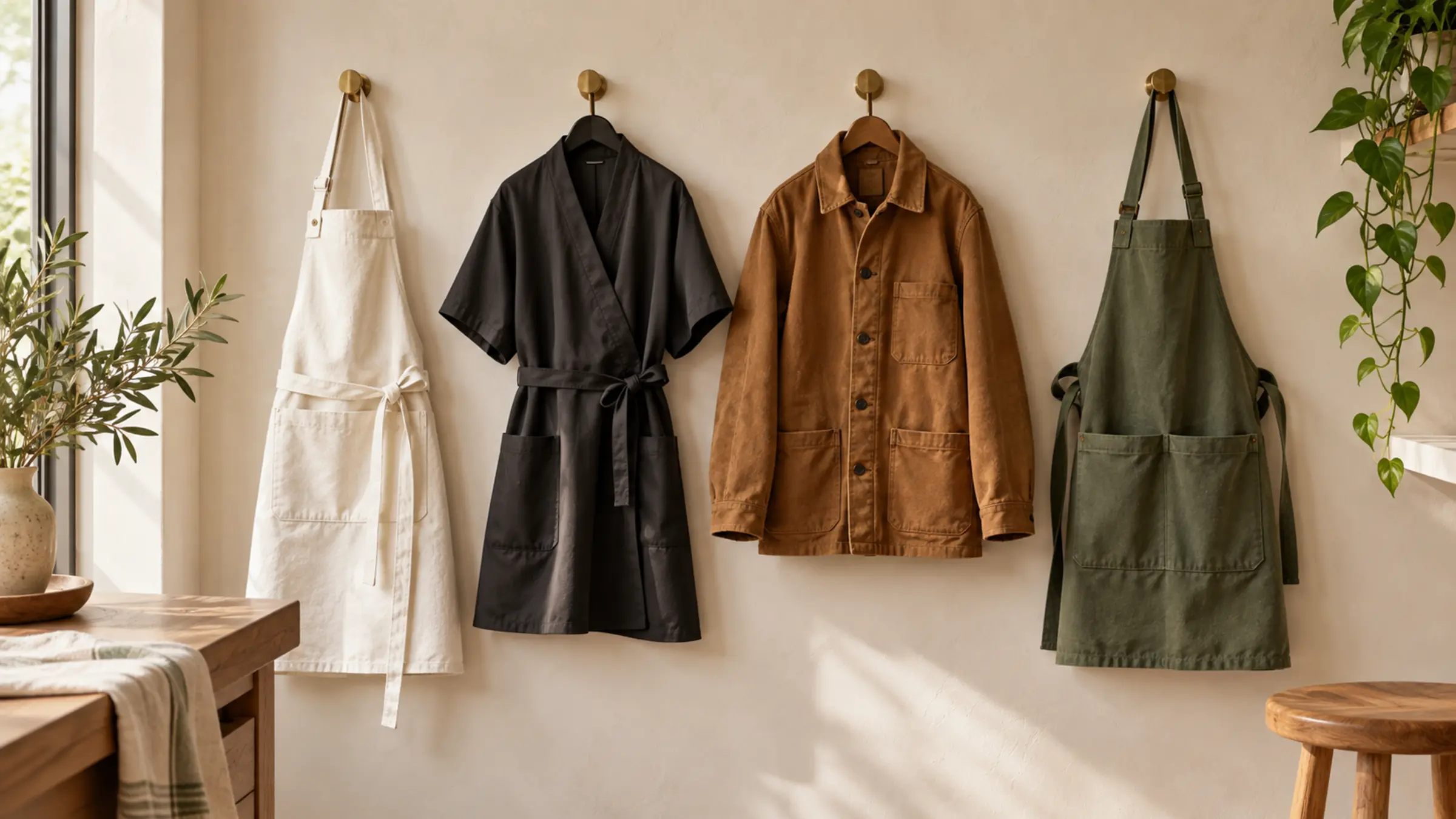 A row of aprons and work jackets on brass pegs: a chef's, a salon, a workshop and a garden apron