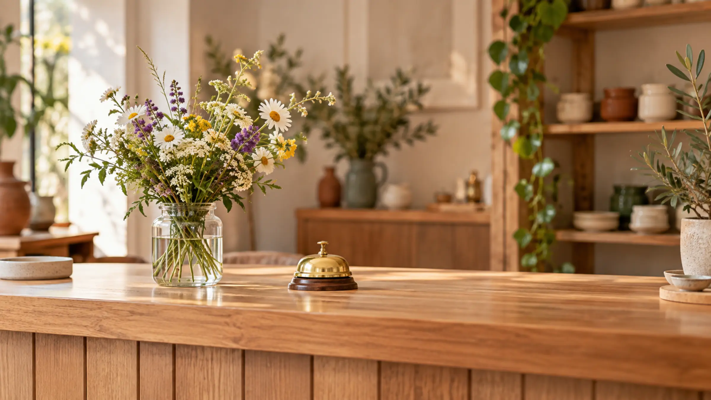 A small shop counter with a brass bell and a jar of wildflowers, the shelves stocked behind