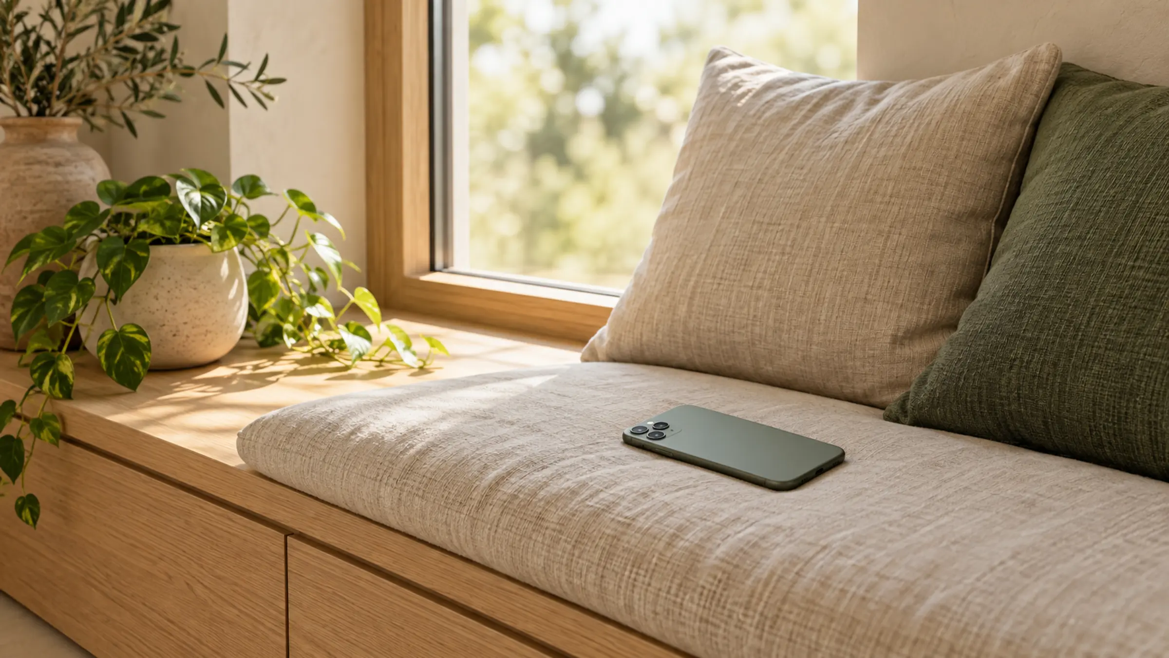 A phone face down on a linen cushion on a sunlit window seat