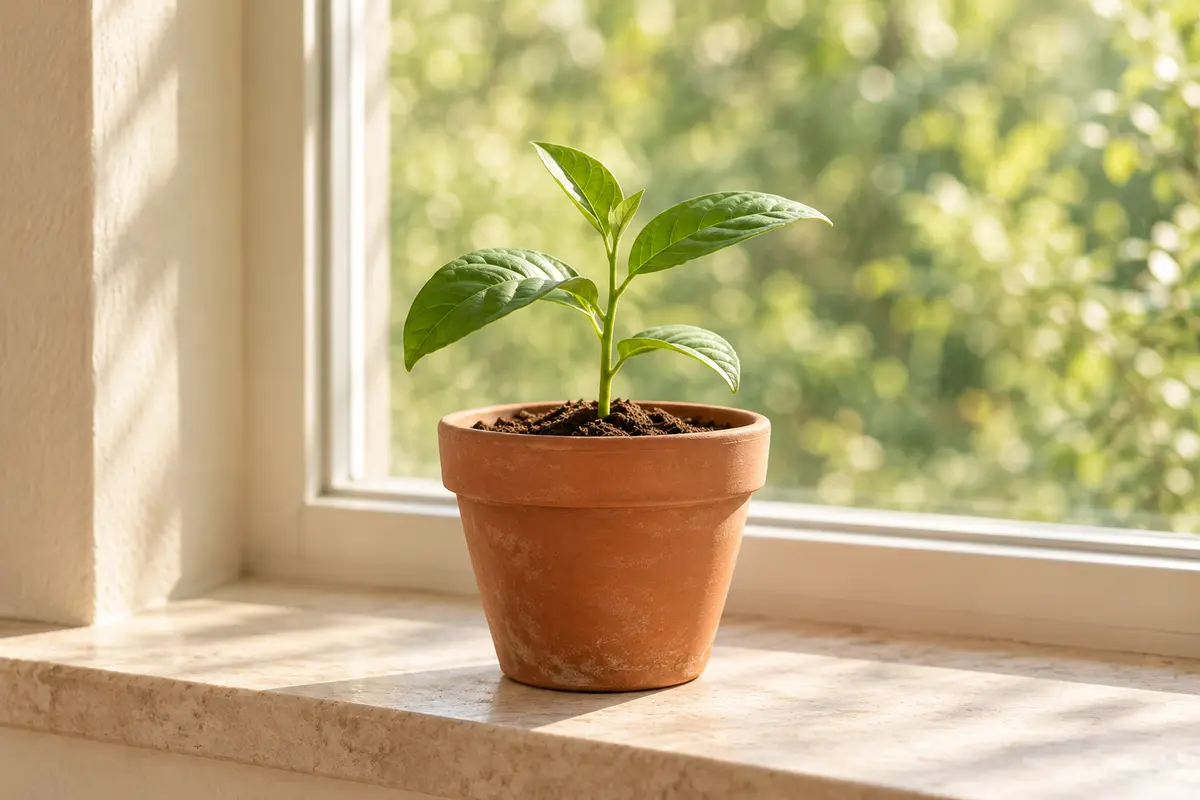 A young seedling in a terracotta pot on a sunny windowsill