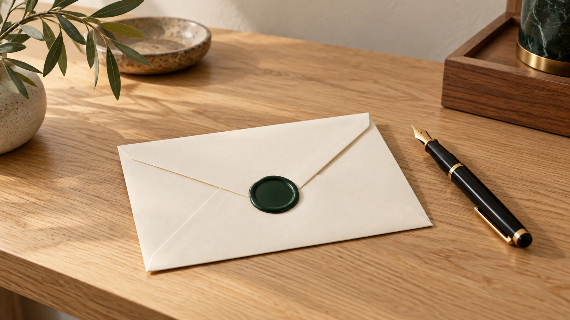 A cream envelope sealed with green wax beside a fountain pen on an oak desk
