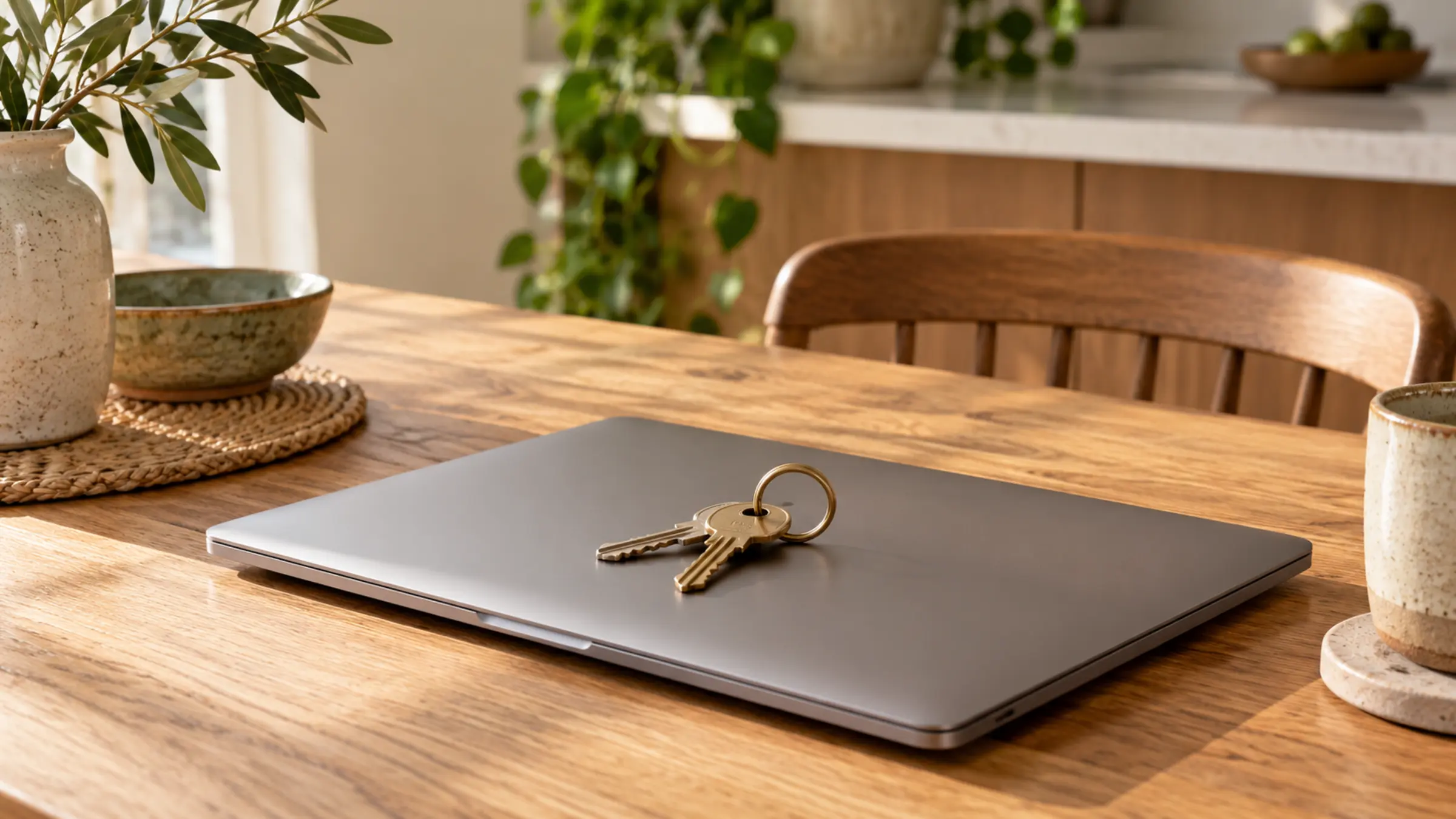 A set of keys resting on a closed laptop on a kitchen table