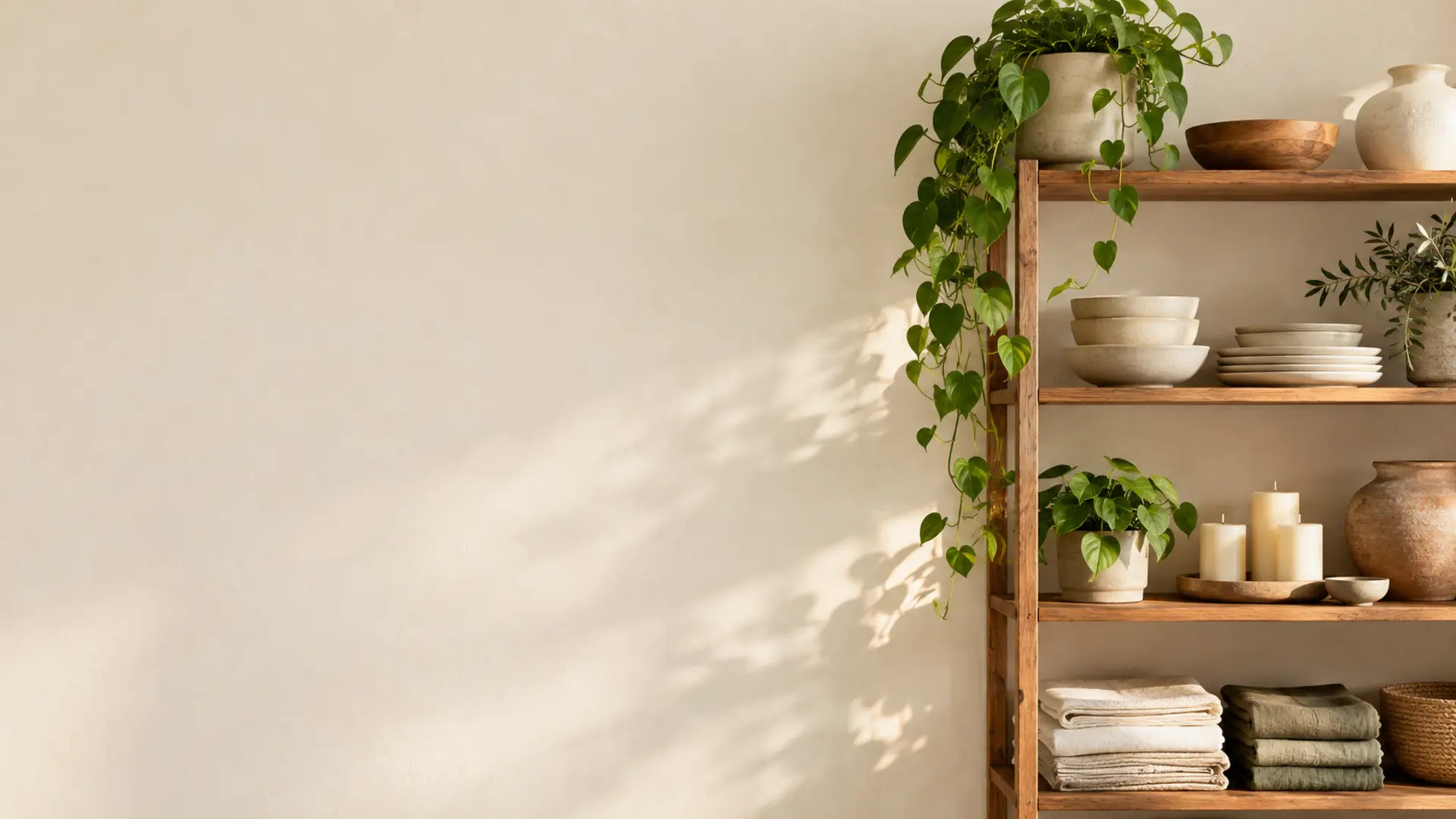 Open timber shelving of stoneware, candles and folded linen against a sunlit plaster wall