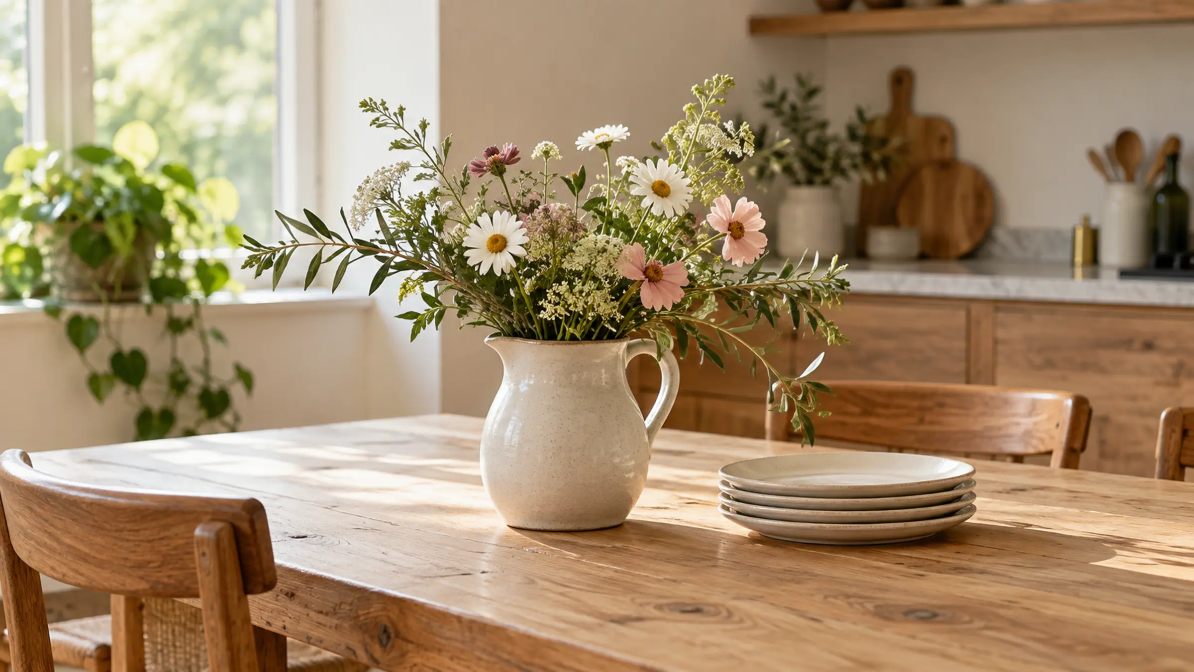 A farmhouse kitchen table with a jug of fresh flowers and a stack of plates