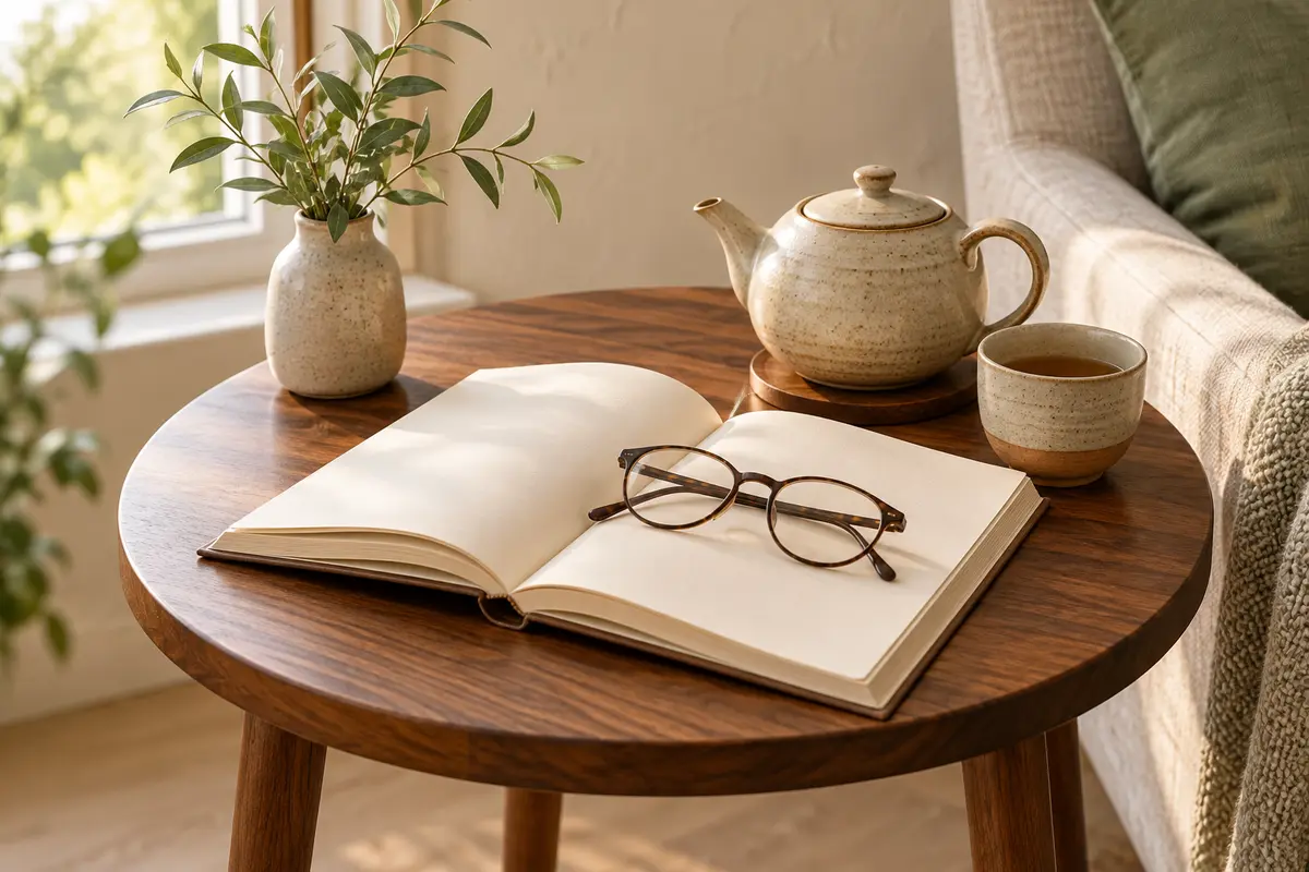Reading glasses resting on an open book beside a teapot on a round side table
