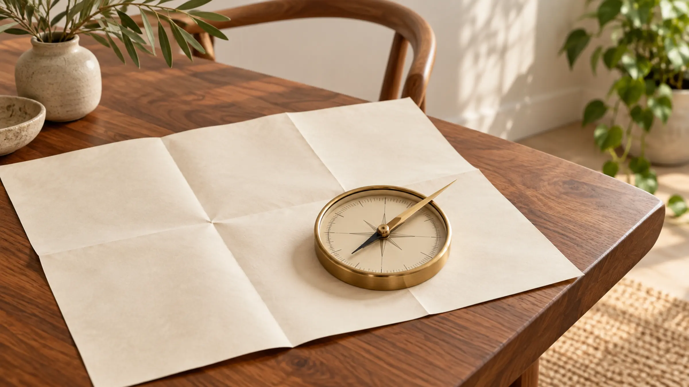 A brass compass on a blank folded map on a walnut table