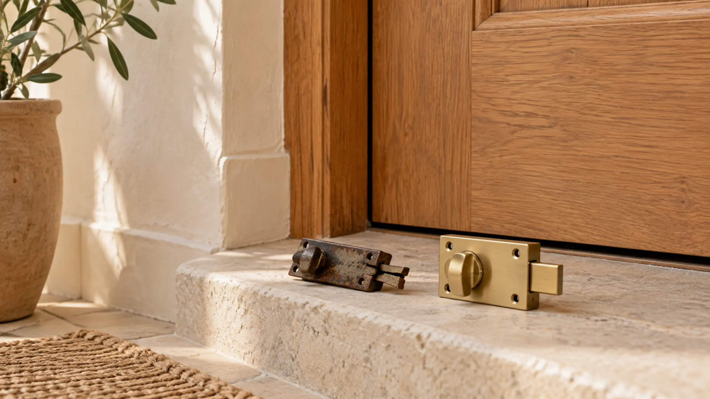 An old broken latch and a new brass deadlock on the stone step of a timber door