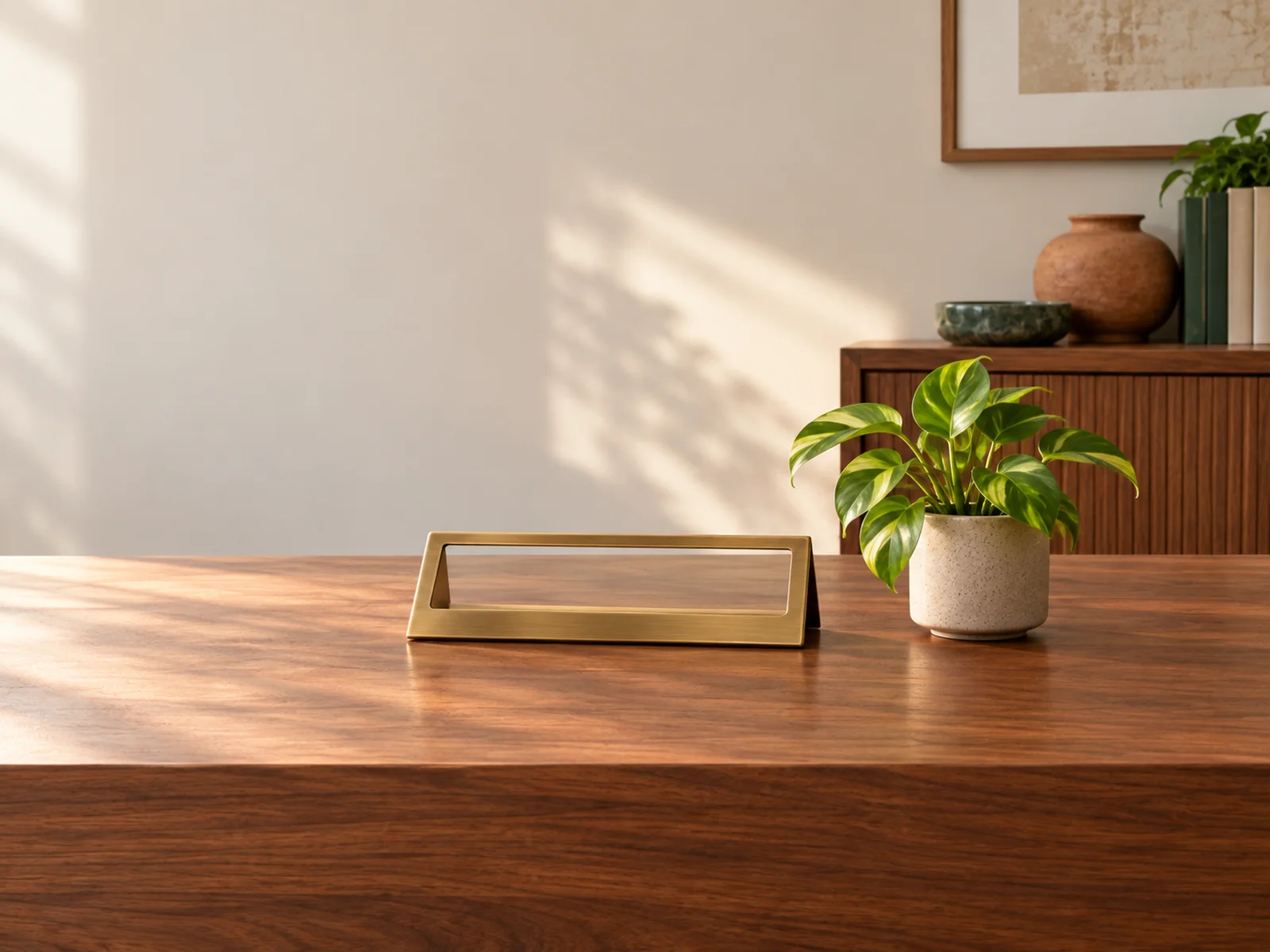 A brass nameplate holder with no plate on a walnut reception desk beside a small plant