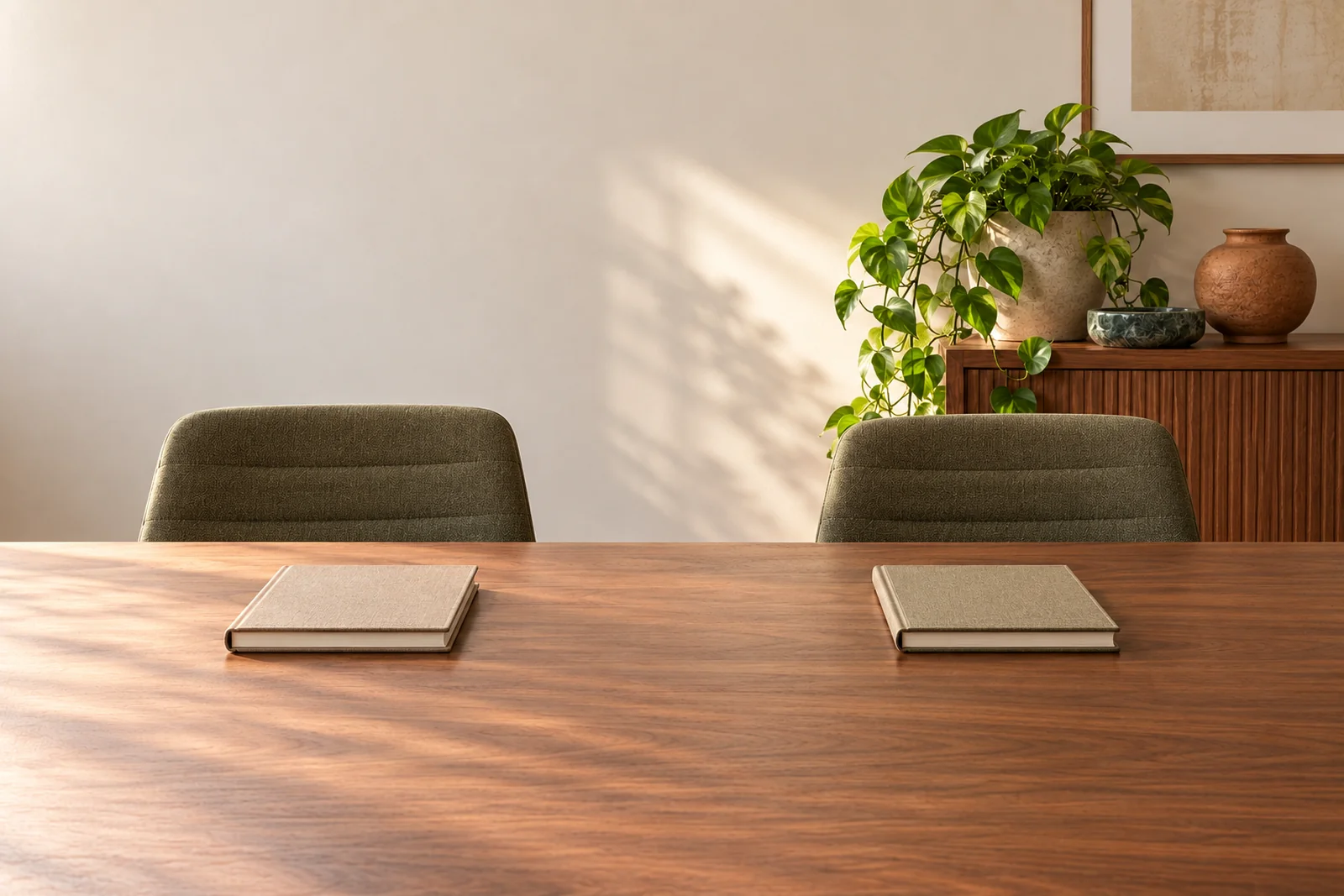 A long meeting table set with two chairs and two notebooks for a partners' meeting