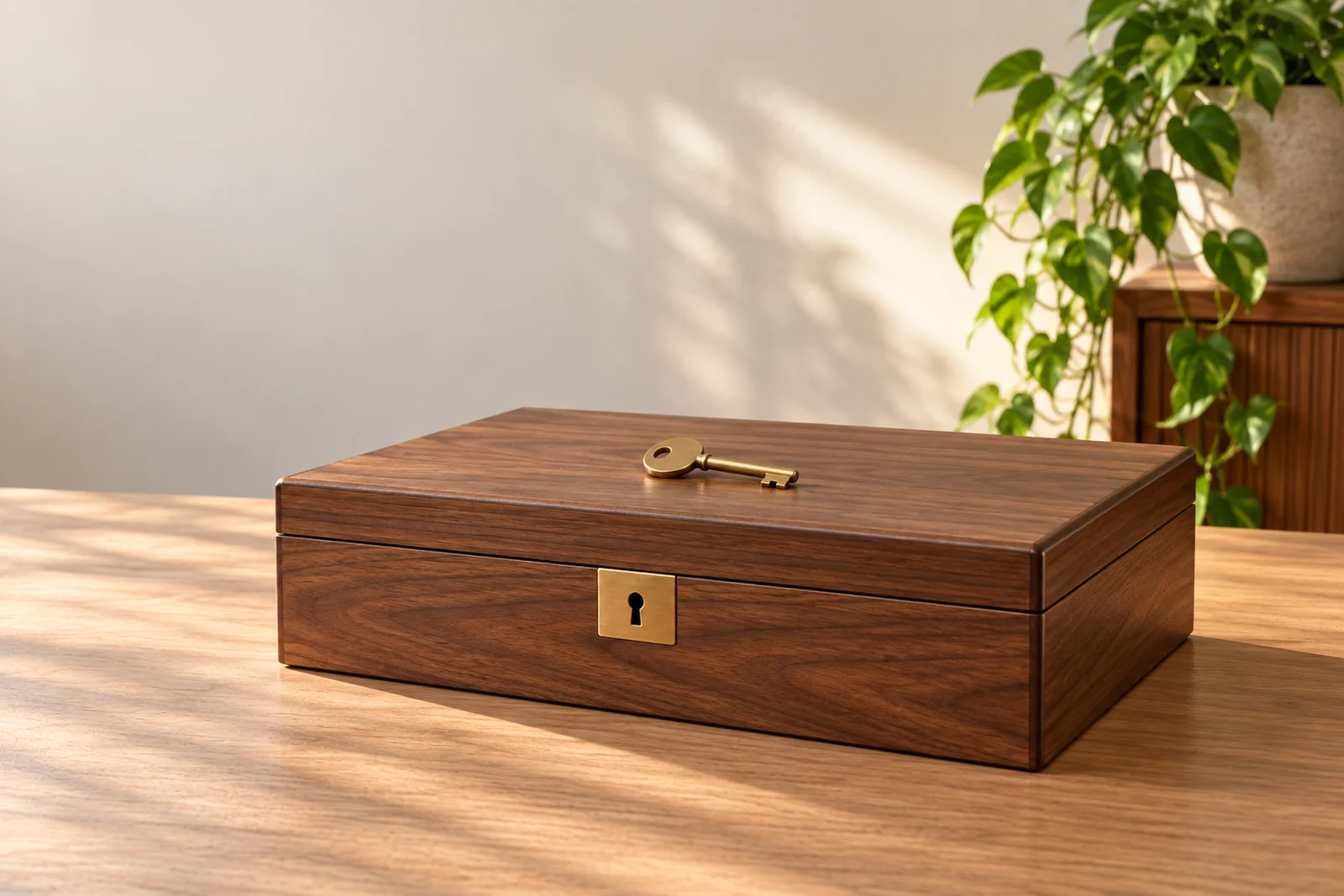 A locked walnut document box with a brass key resting on top