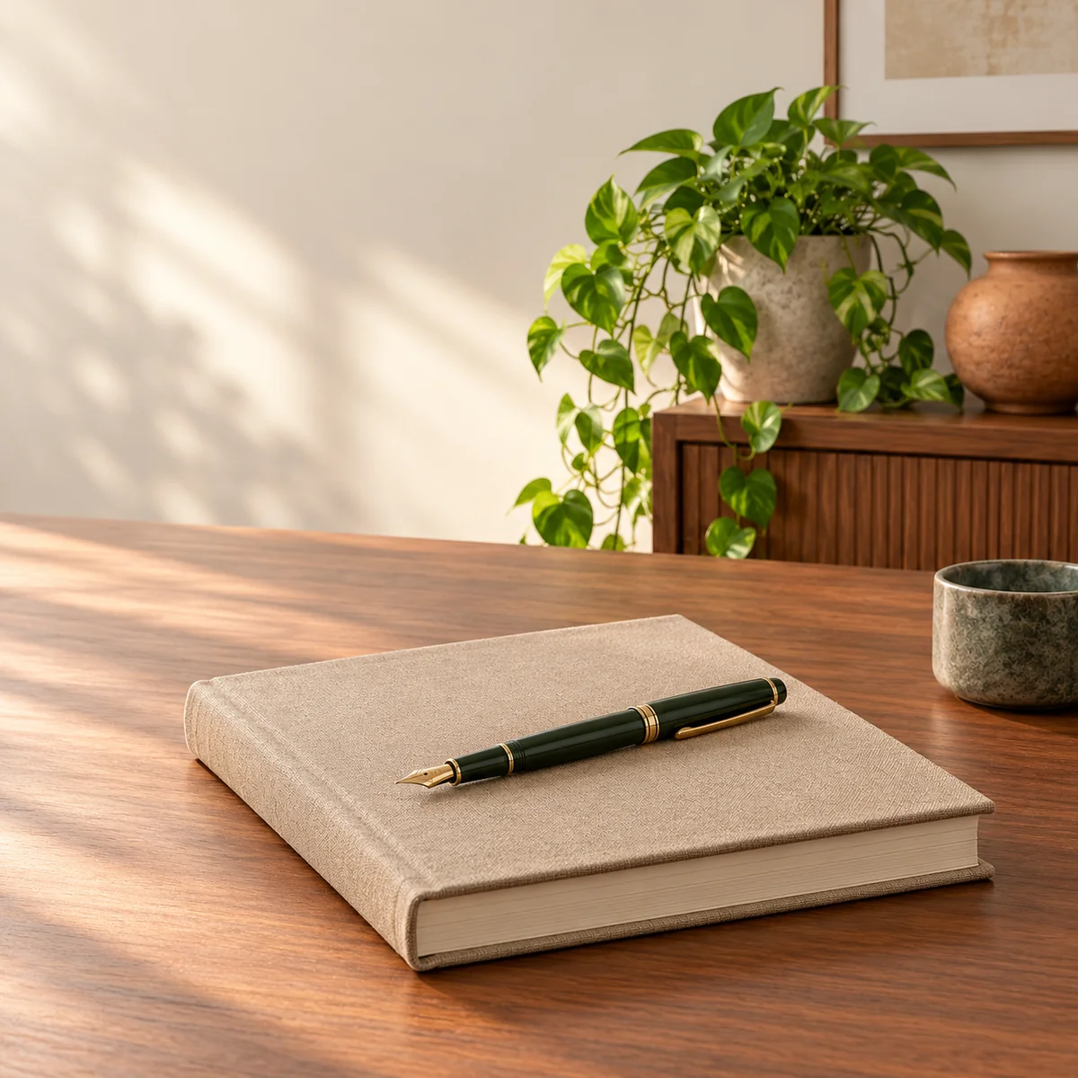 A fountain pen resting on a closed linen-bound ledger