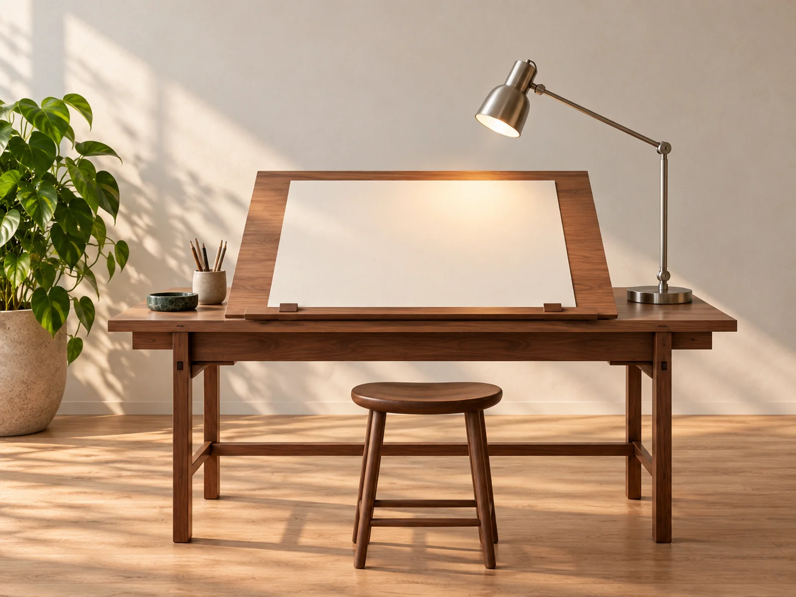 A drafting lamp over a blank sheet on a tilted drawing board